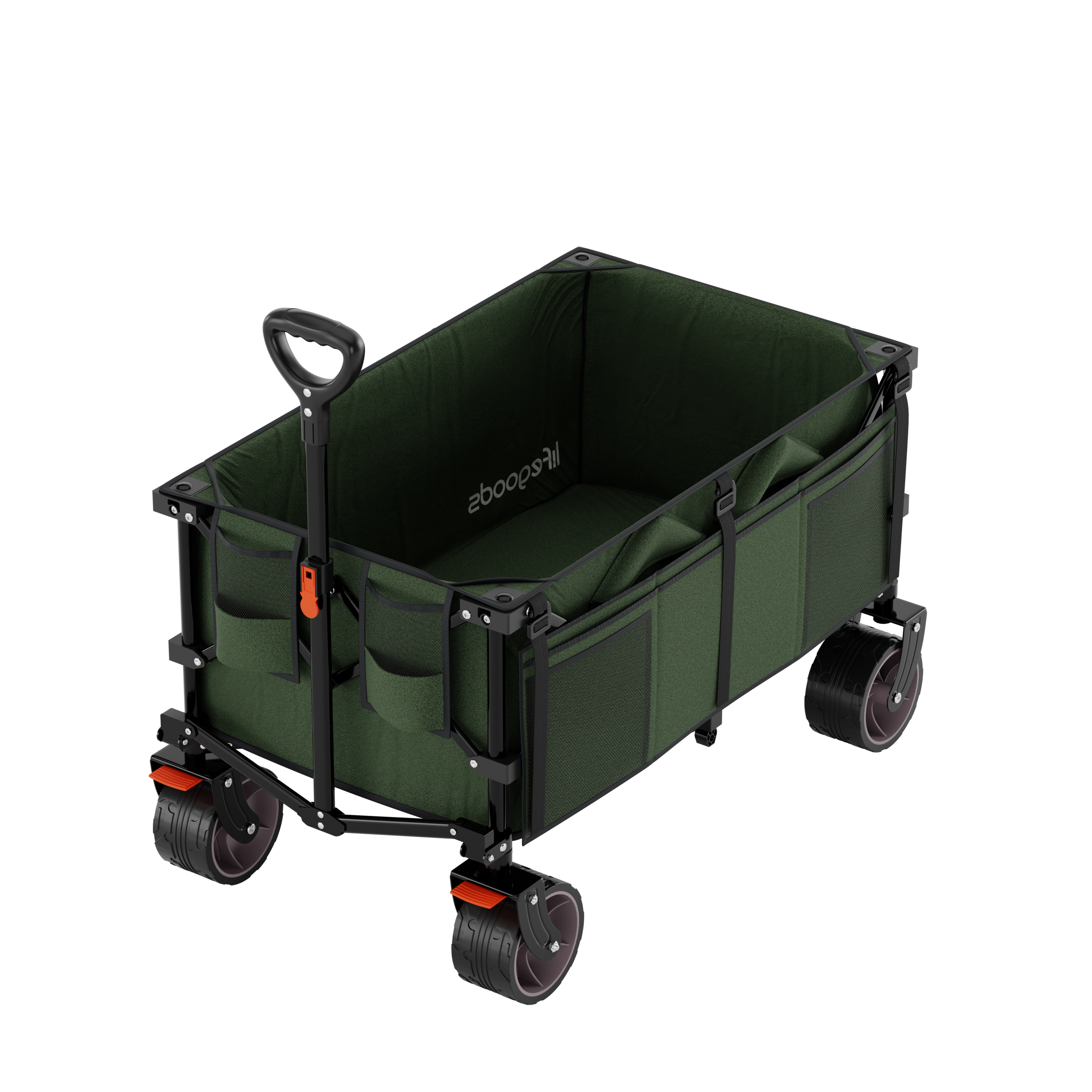 A green folding wagon with a black handle and wheels.