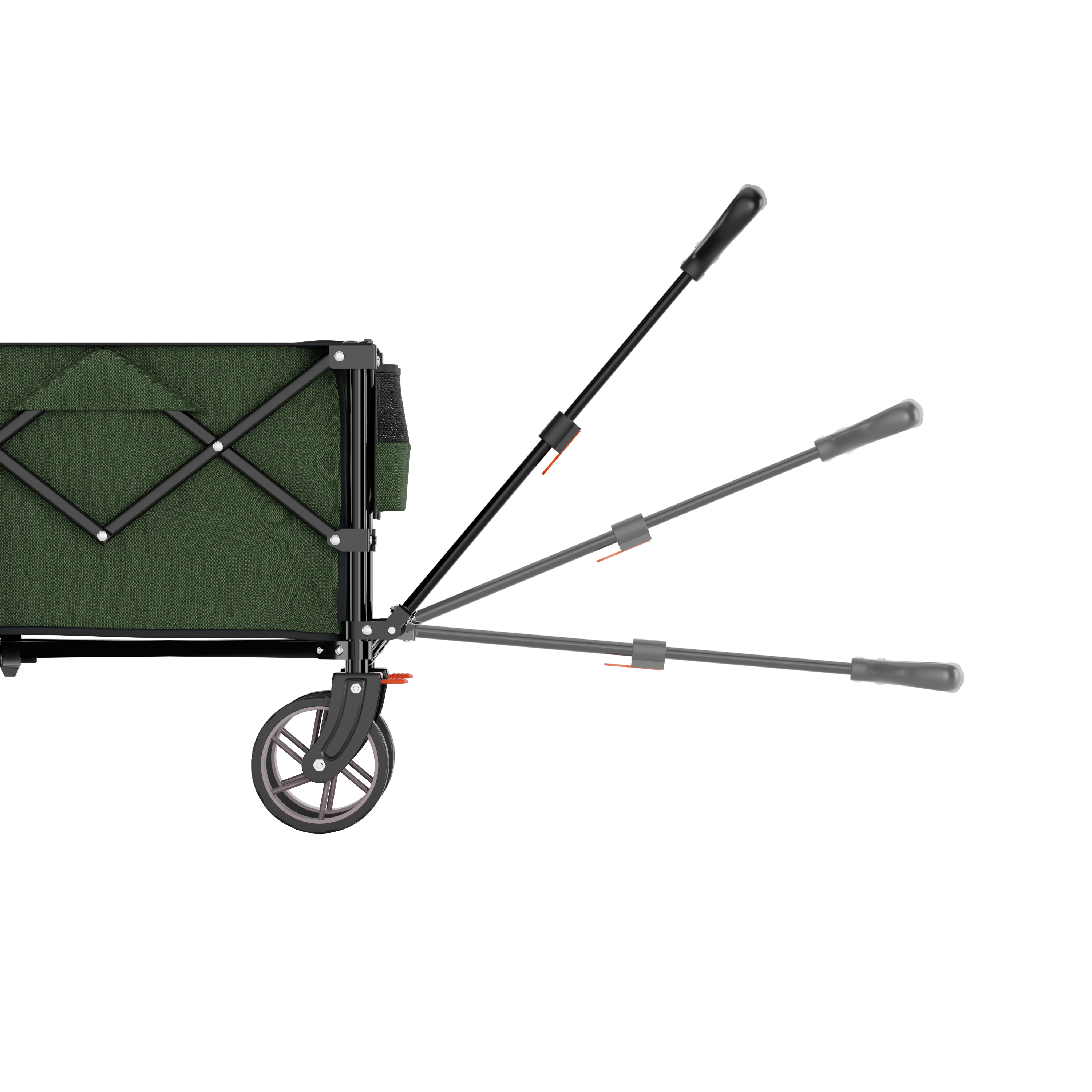 A green outdoor wagon with an extendable handle and one wheel.