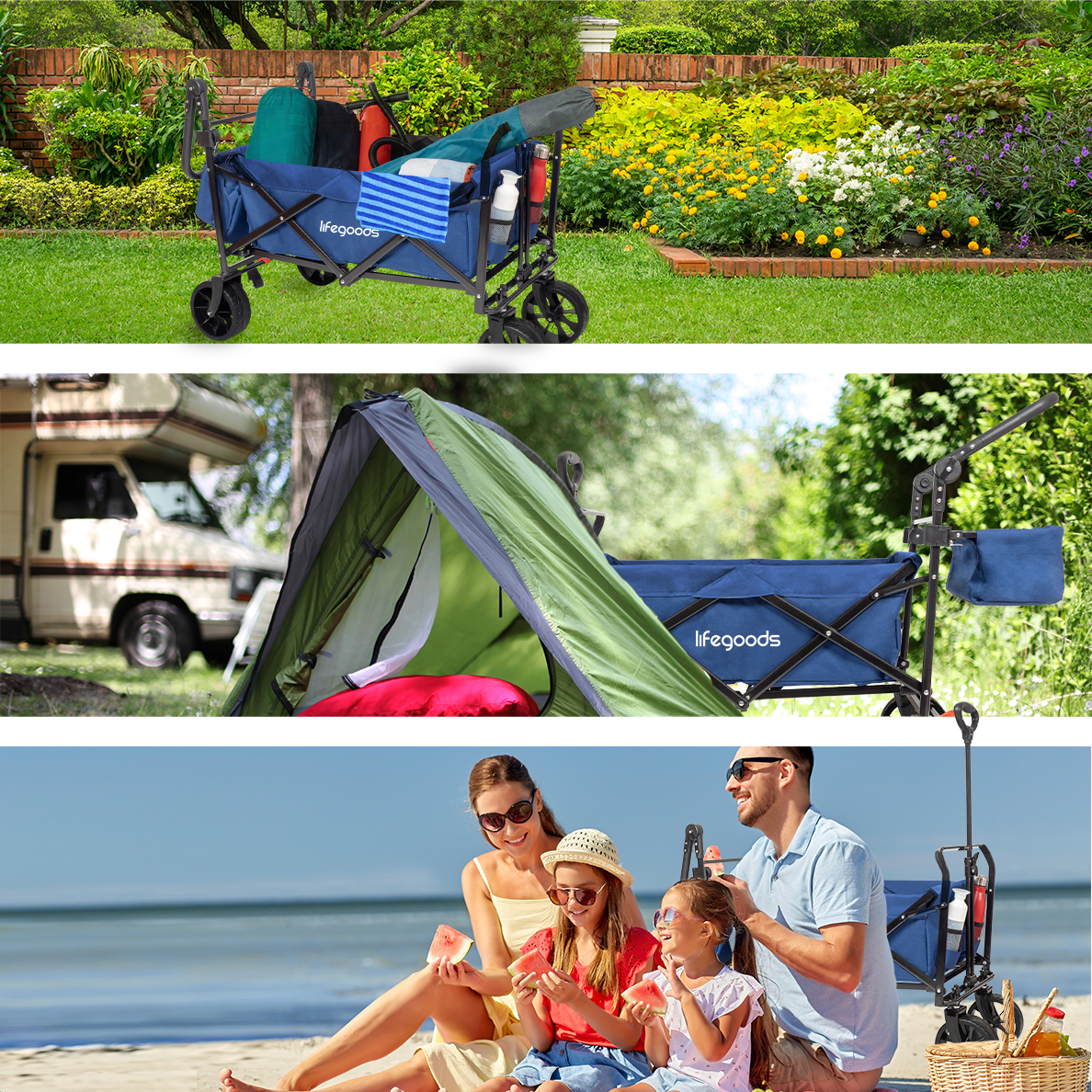 A blue wagon, a tent, and a family at the beach.