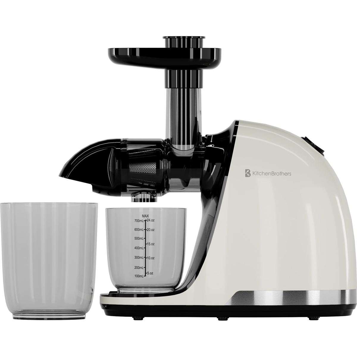 A cream-colored juicer with black accents and two glass containers.