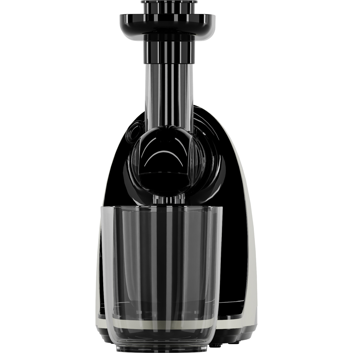 A black juicer with a glass in front, isolated on a white background.