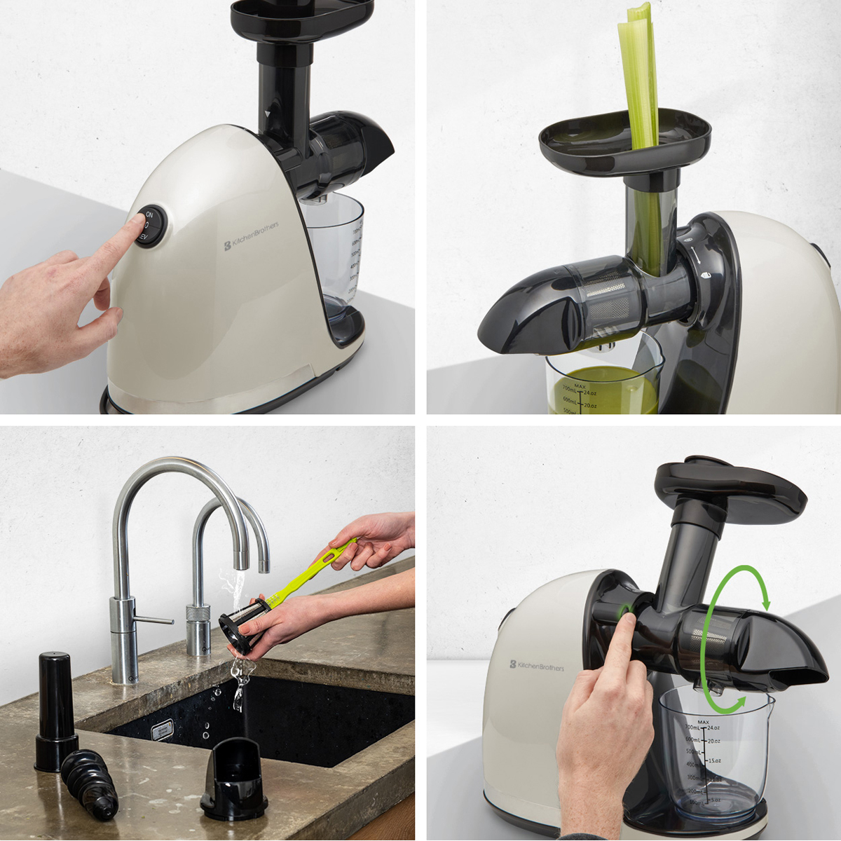 A beige juicer with a black top, juicing celery stalks into a container.