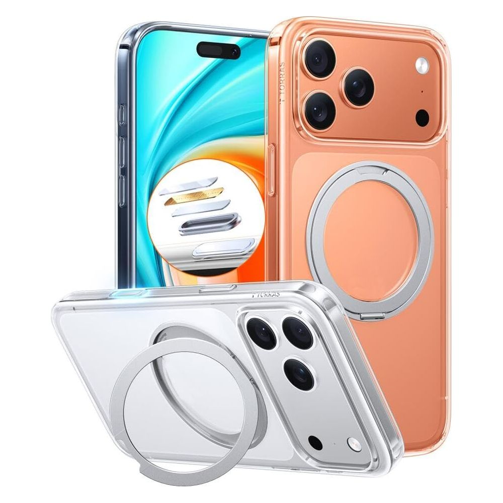 Tres fundas de teléfono: transparente con anillo, naranja con anillo y azul.