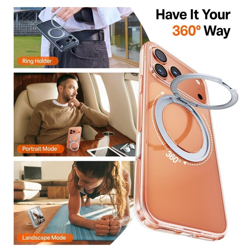 Una funda transparente para teléfono con soporte de anillo giratorio 360 grados.