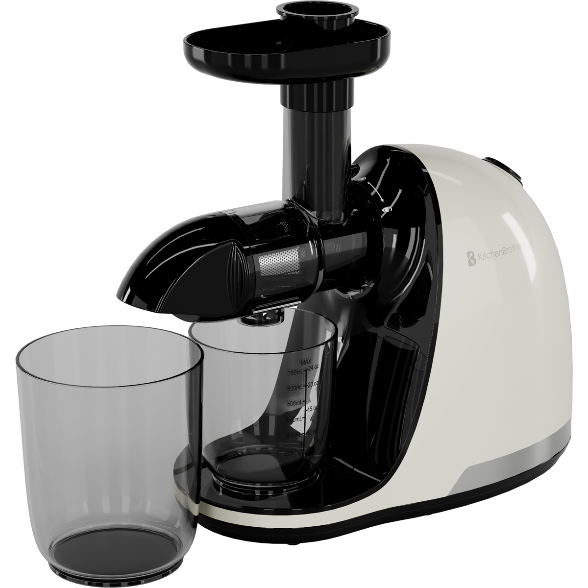 A white and black juicer with two collection containers.
