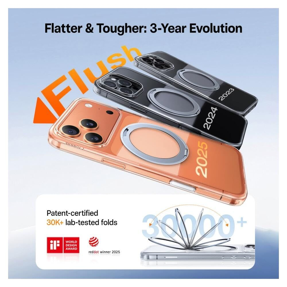 Fundas transparentes para teléfono en naranja y negro con soportes de anillo y años 2023-2025.