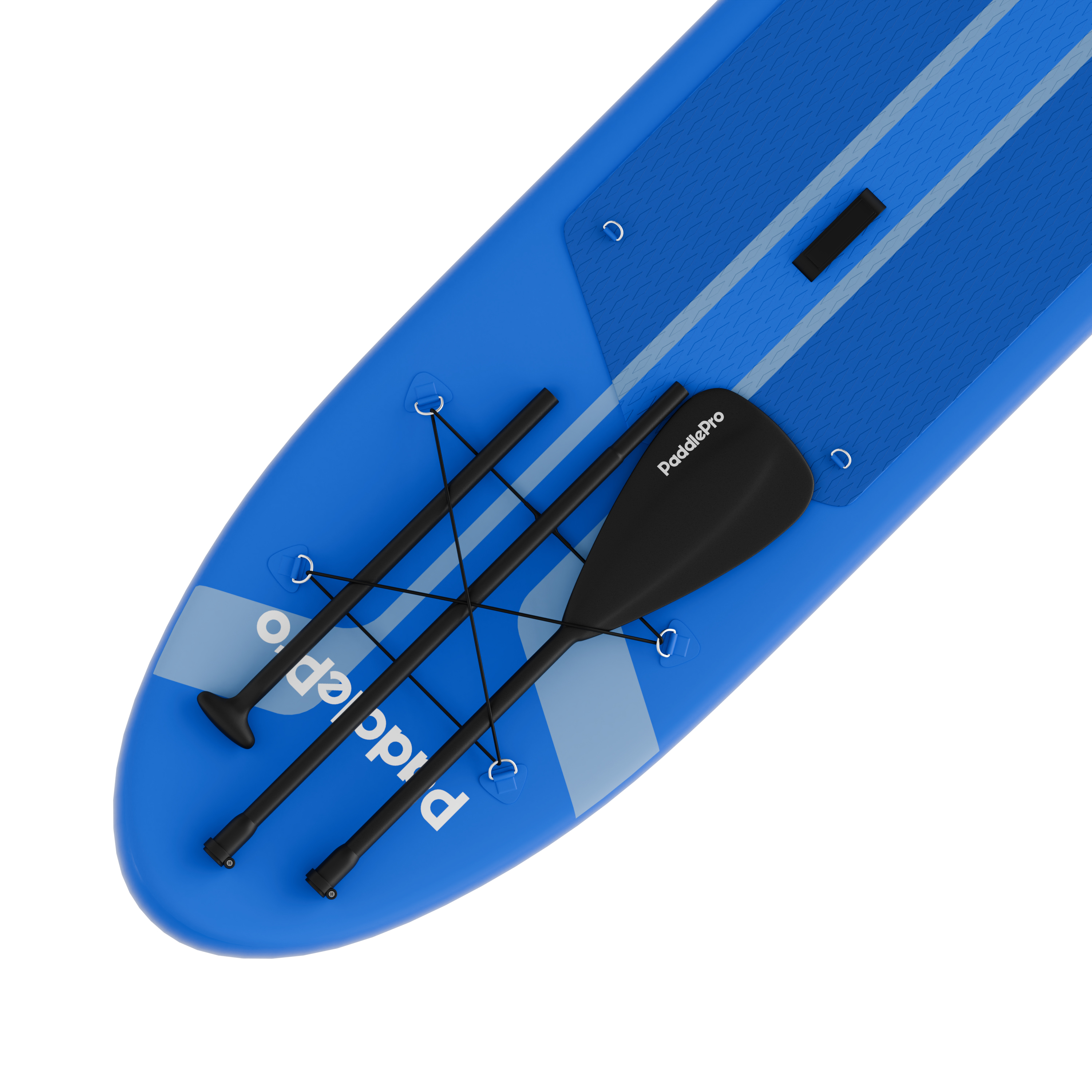 Blaues Paddleboard mit Paddel und Seilen, Nahaufnahme.