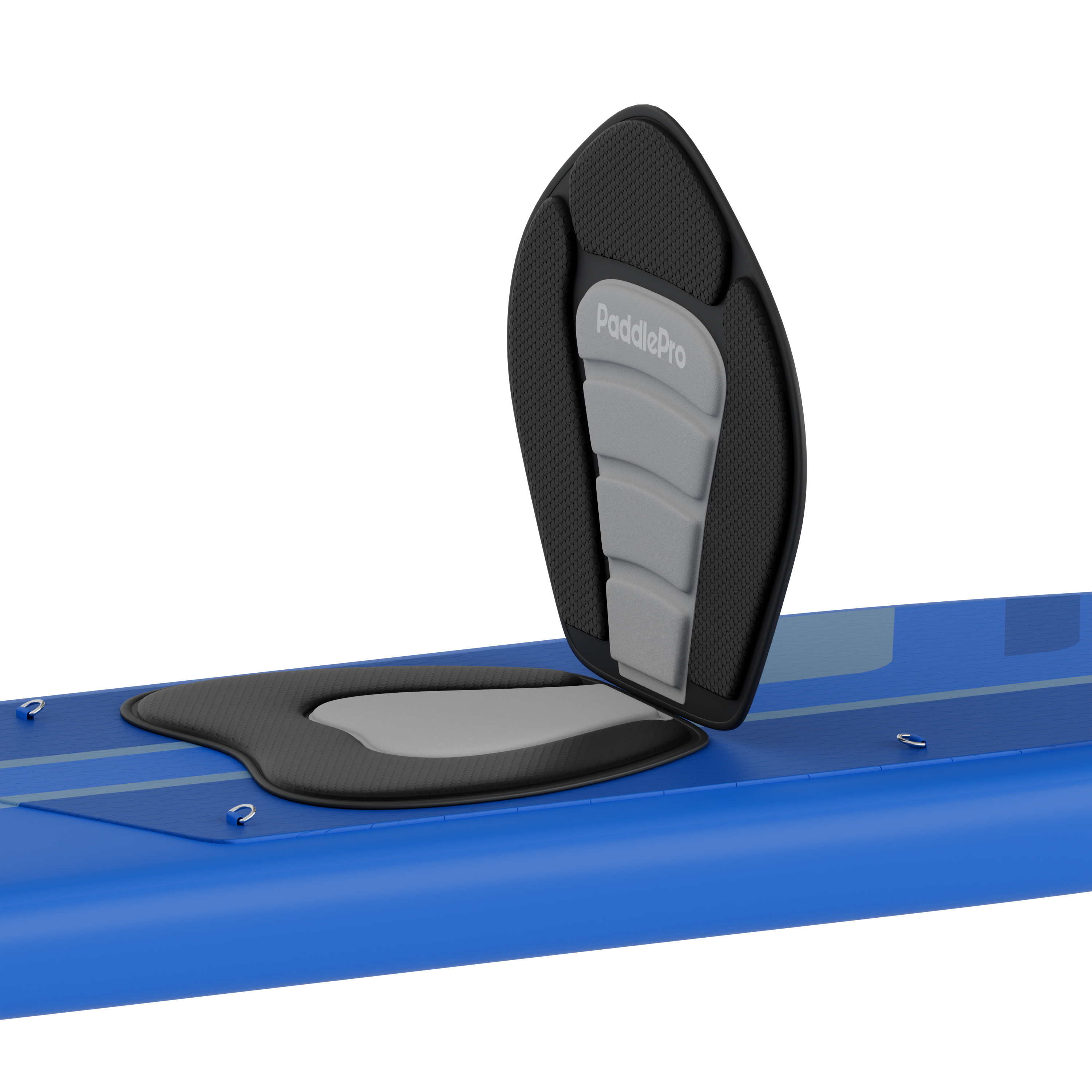 Ein blaues Paddleboard mit einer schwarzen und grauen Sitzschale mit der Aufschrift "PaddlePro".