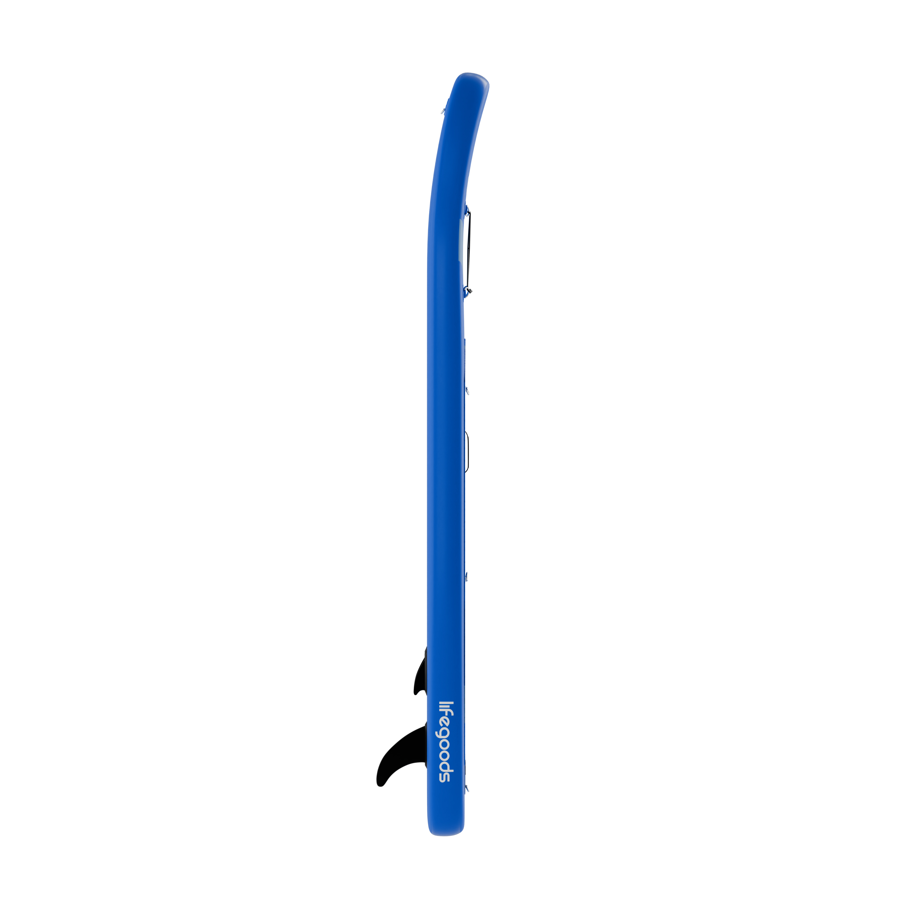 Ein blaues aufblasbares Stand-Up-Paddleboard mit schwarzem Finnen und Logo.