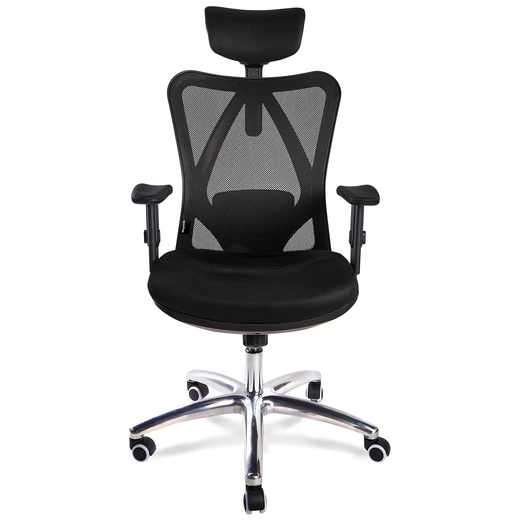 A black ergonomic office chair with a mesh back, adjustable armrests, and a headrest.