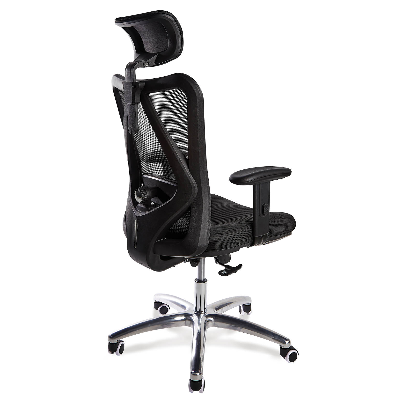 Black office chair with mesh back and adjustable headrest on a metal base.