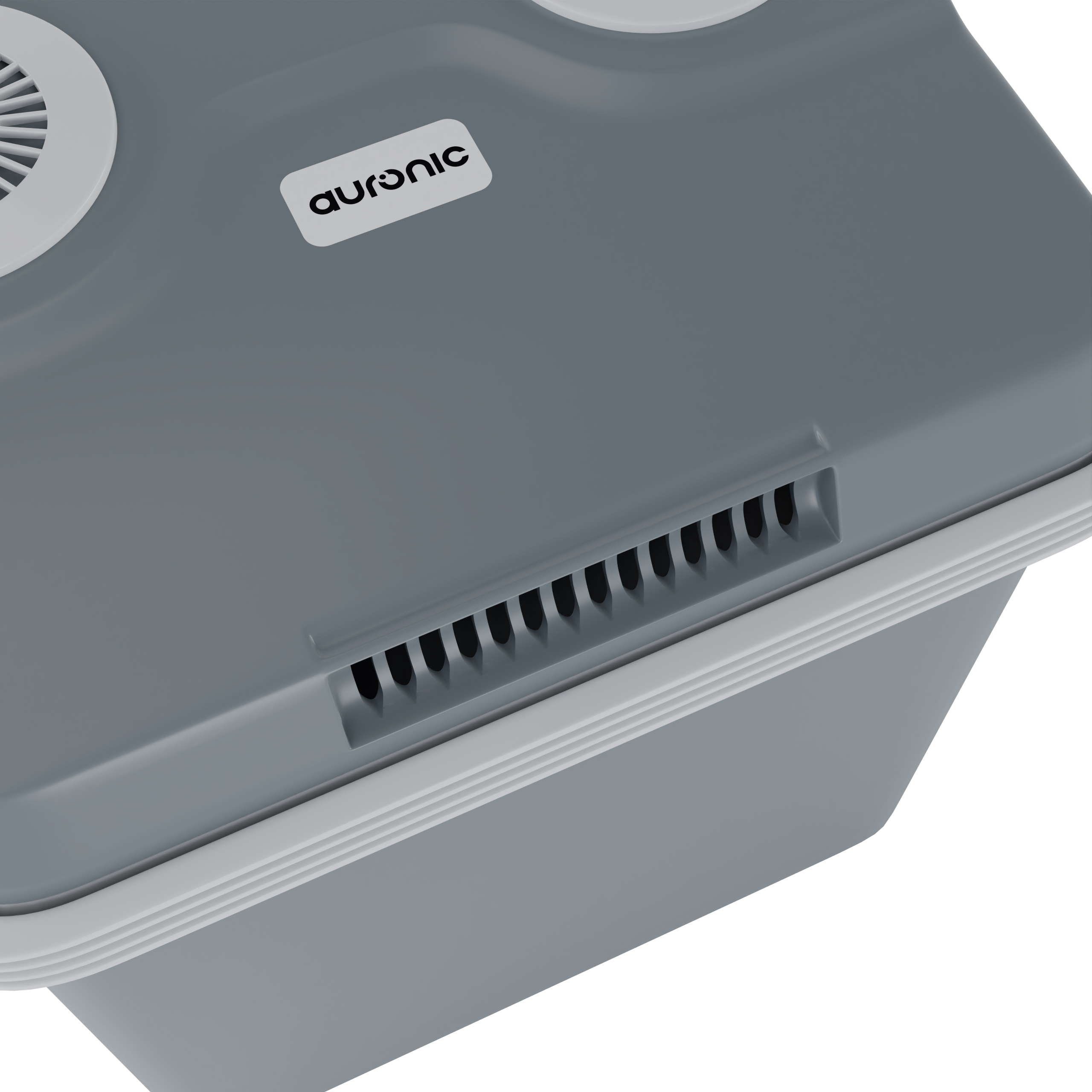 Boîte grise avec fentes d'aération et le logo Auronic.