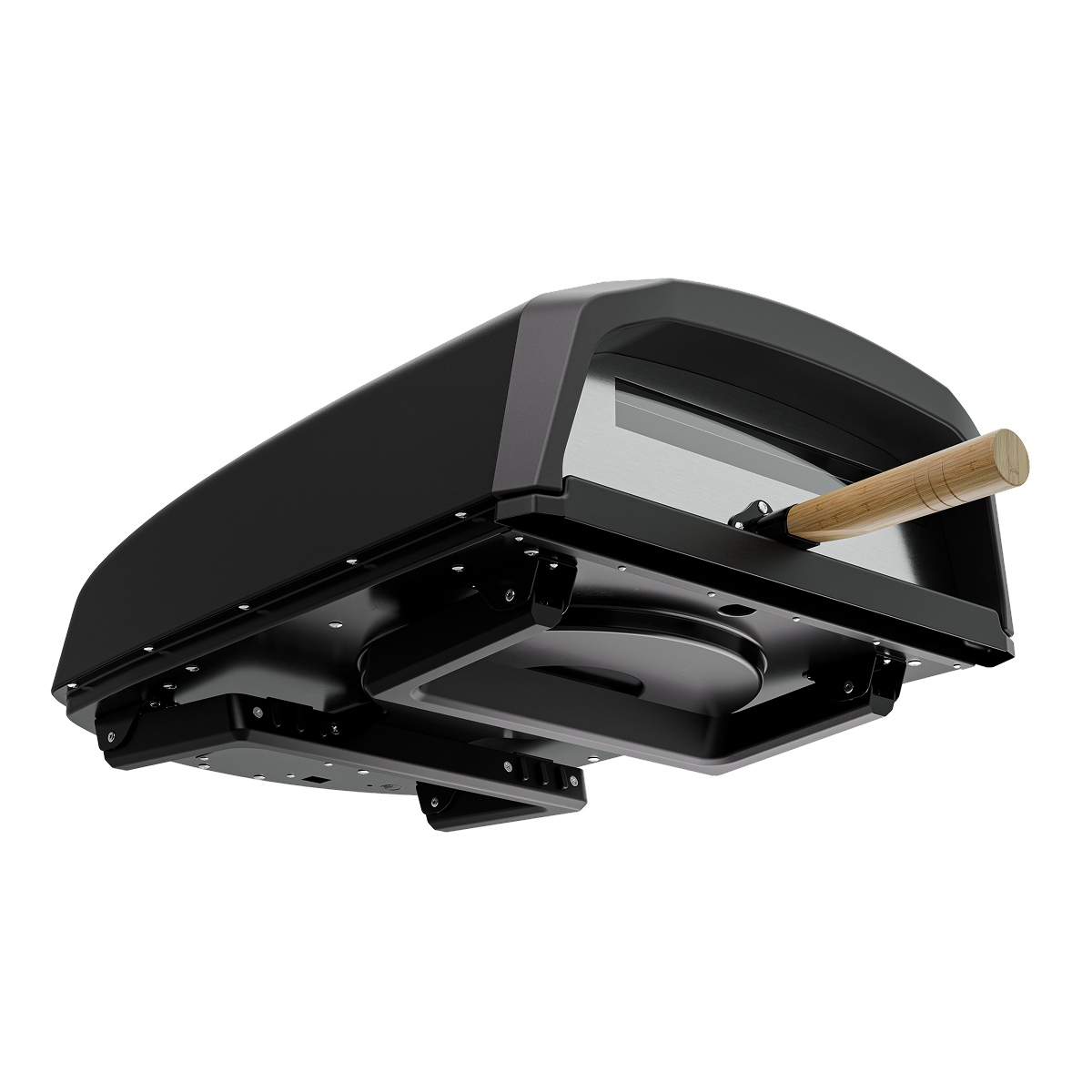 Black pizza oven with a wooden handle, viewed from below on a white background.