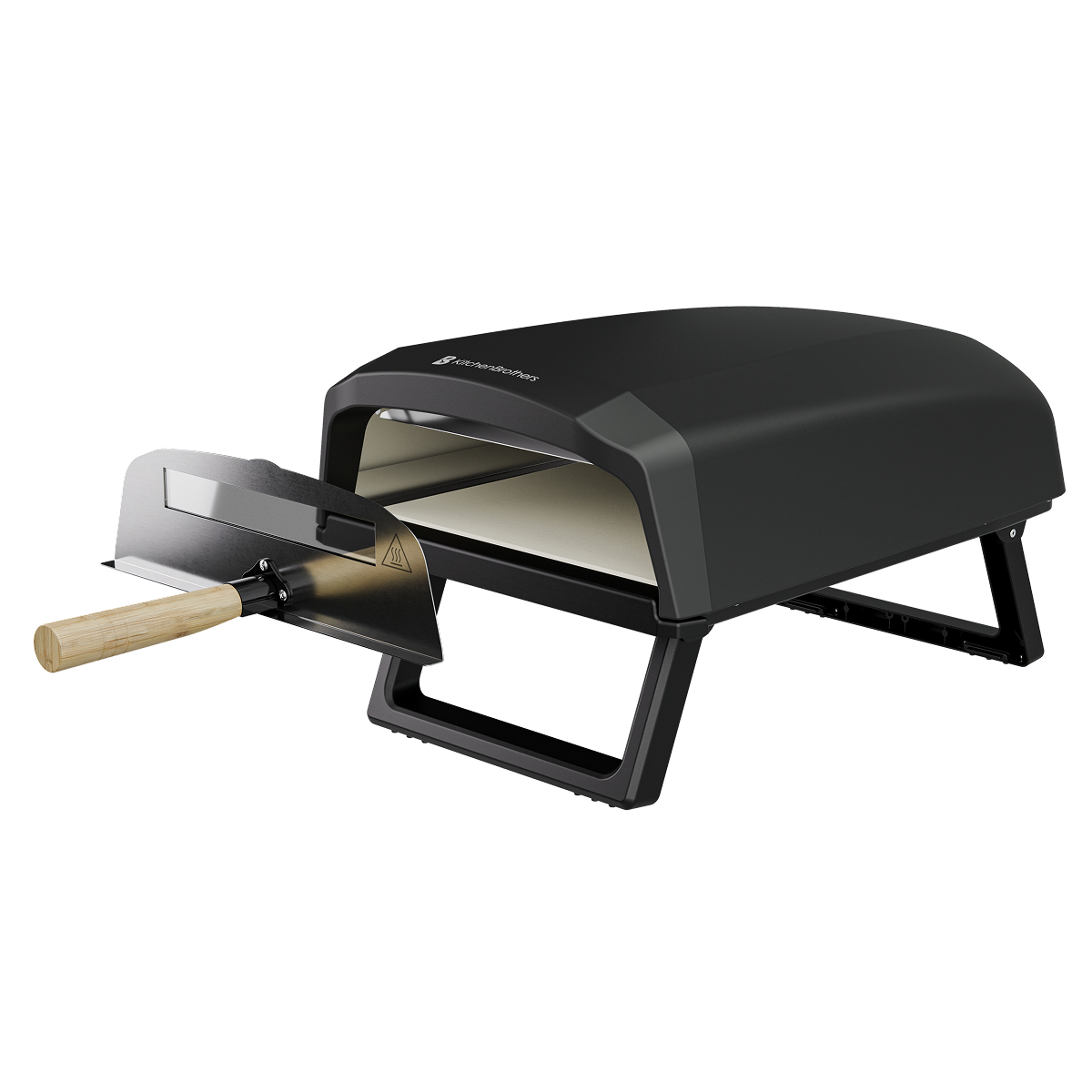 Black pizza oven with hinged lid and wooden-handled peel.