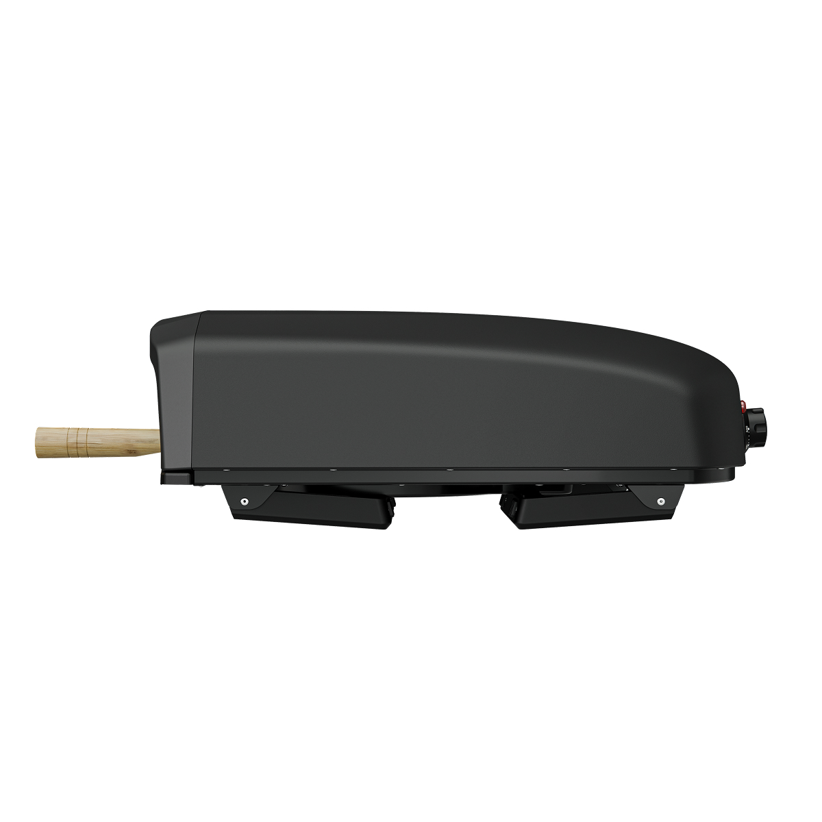 A black pizza oven with a wooden handle and black legs.