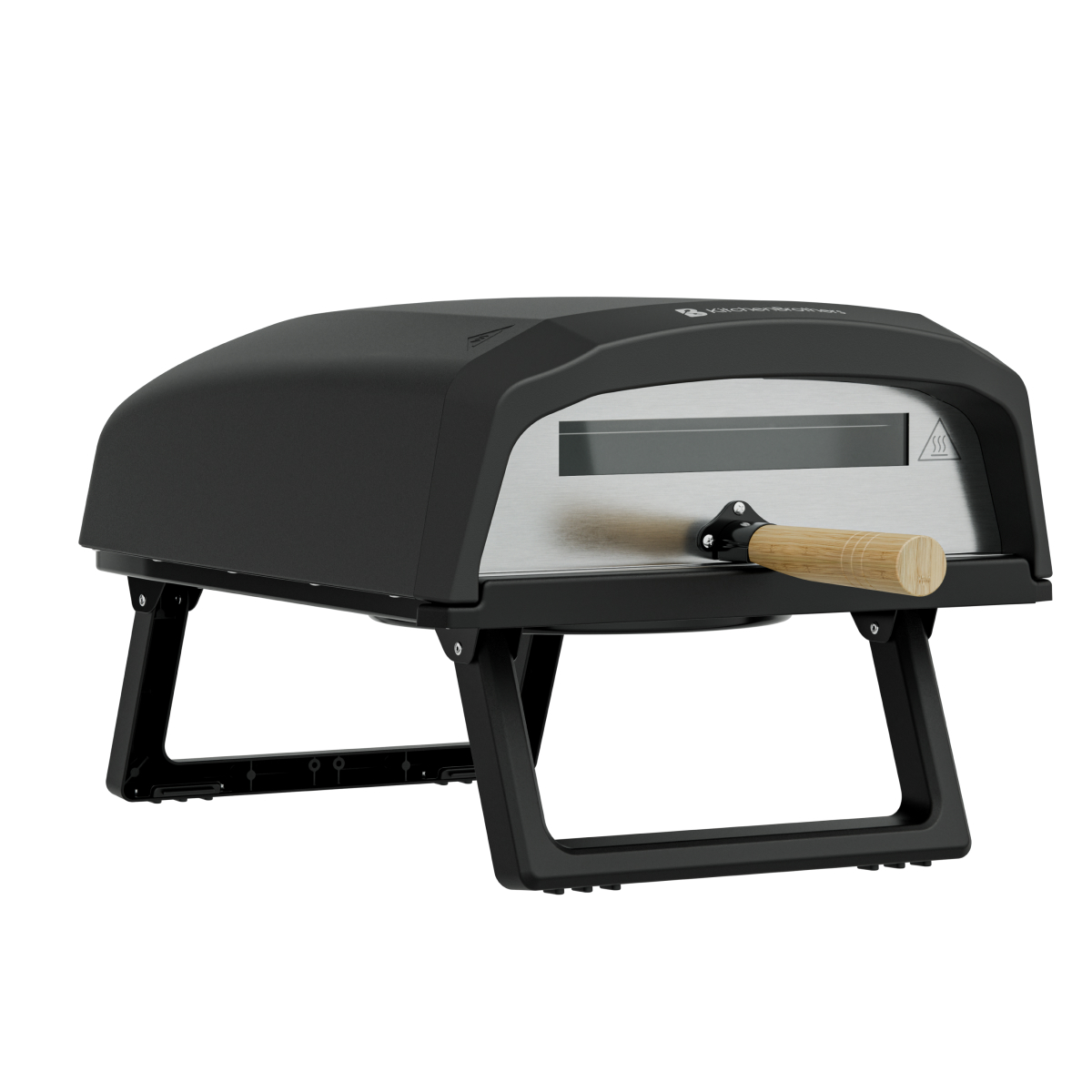 A black pizza oven with a wooden handle and metal front sits on a black stand.