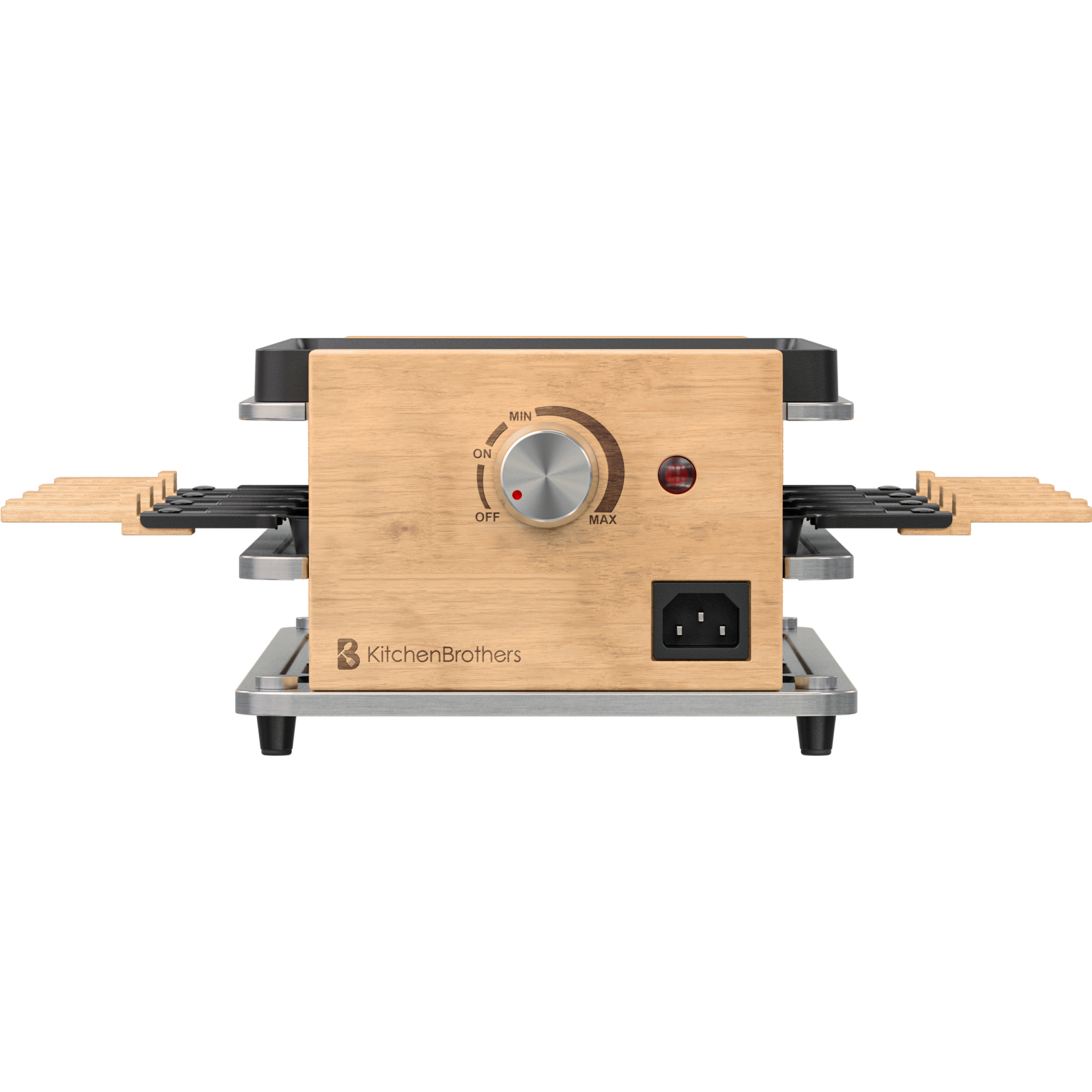 A wooden raclette grill with skewers, a control knob, and a power socket.