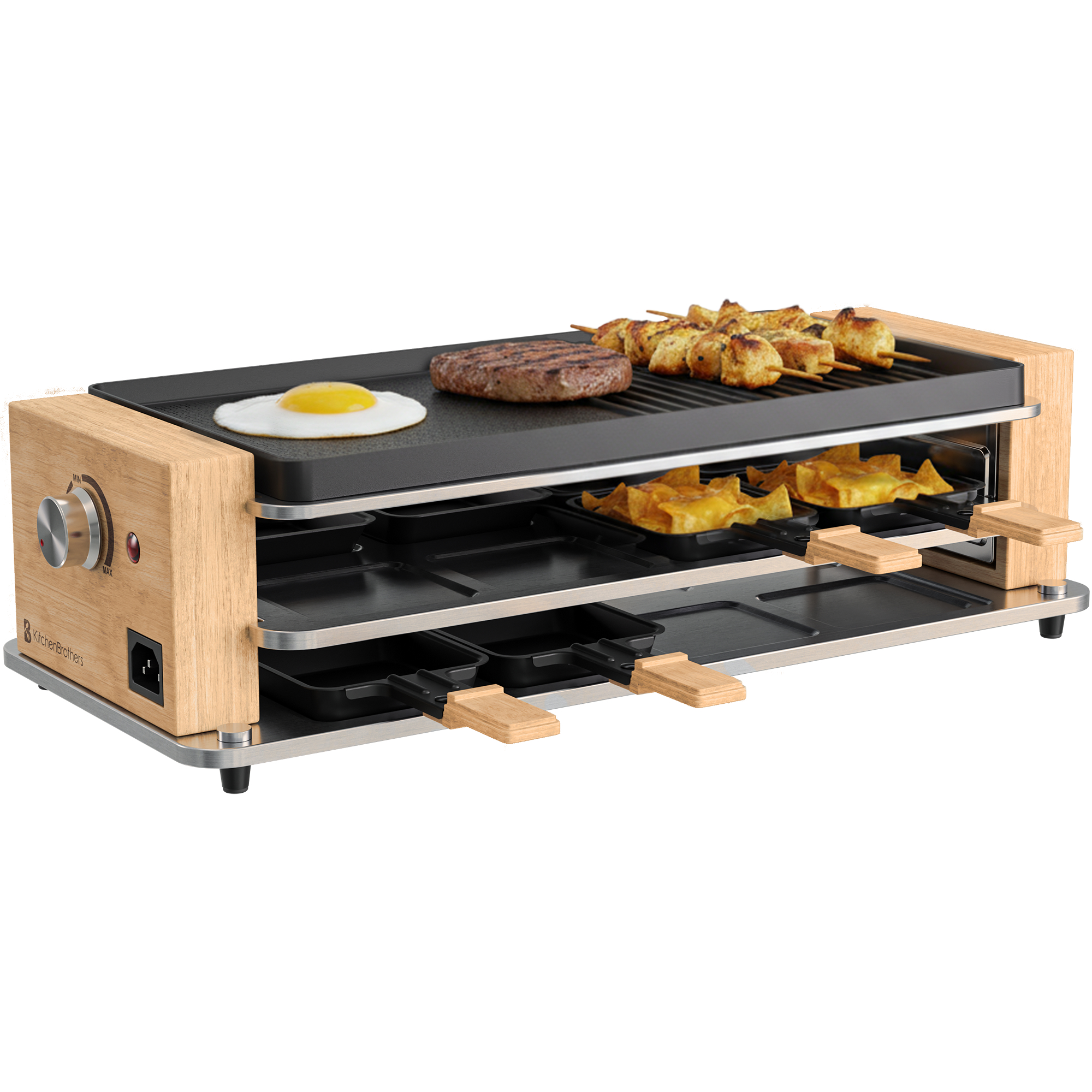 A grill with a burger, skewers, and a fried egg on the top plate.