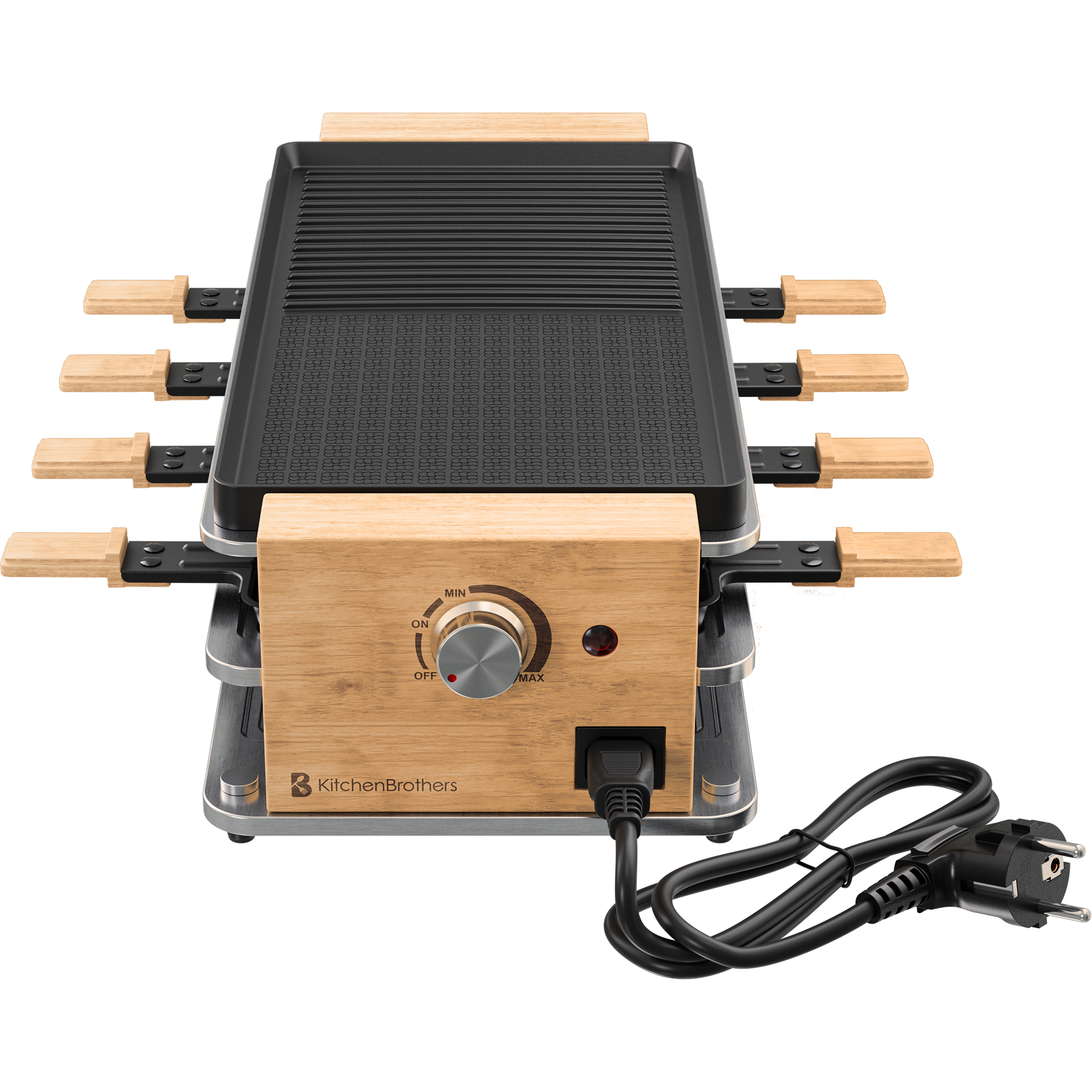 Raclette with grill plate, wooden handles and rotary knob.