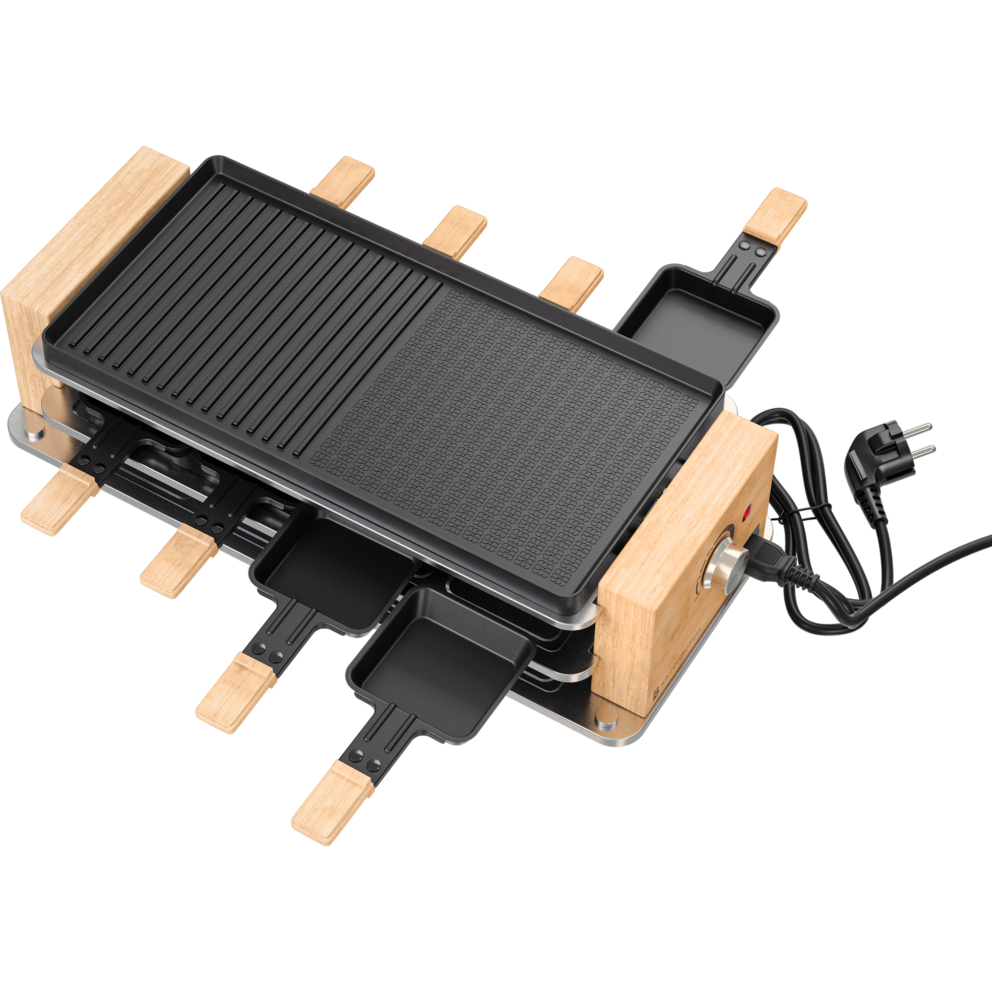 A raclette grill with a wooden housing, grill plate, and small pans.