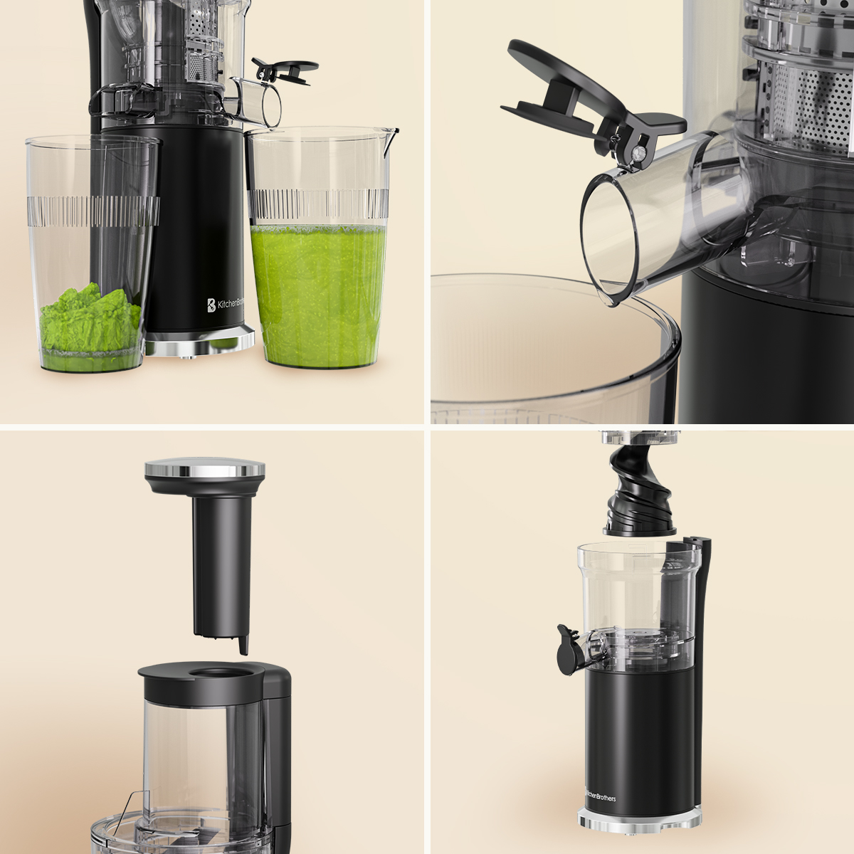 Een zwarte sapcentrifuge met glazen, pulp en sap ernaast.