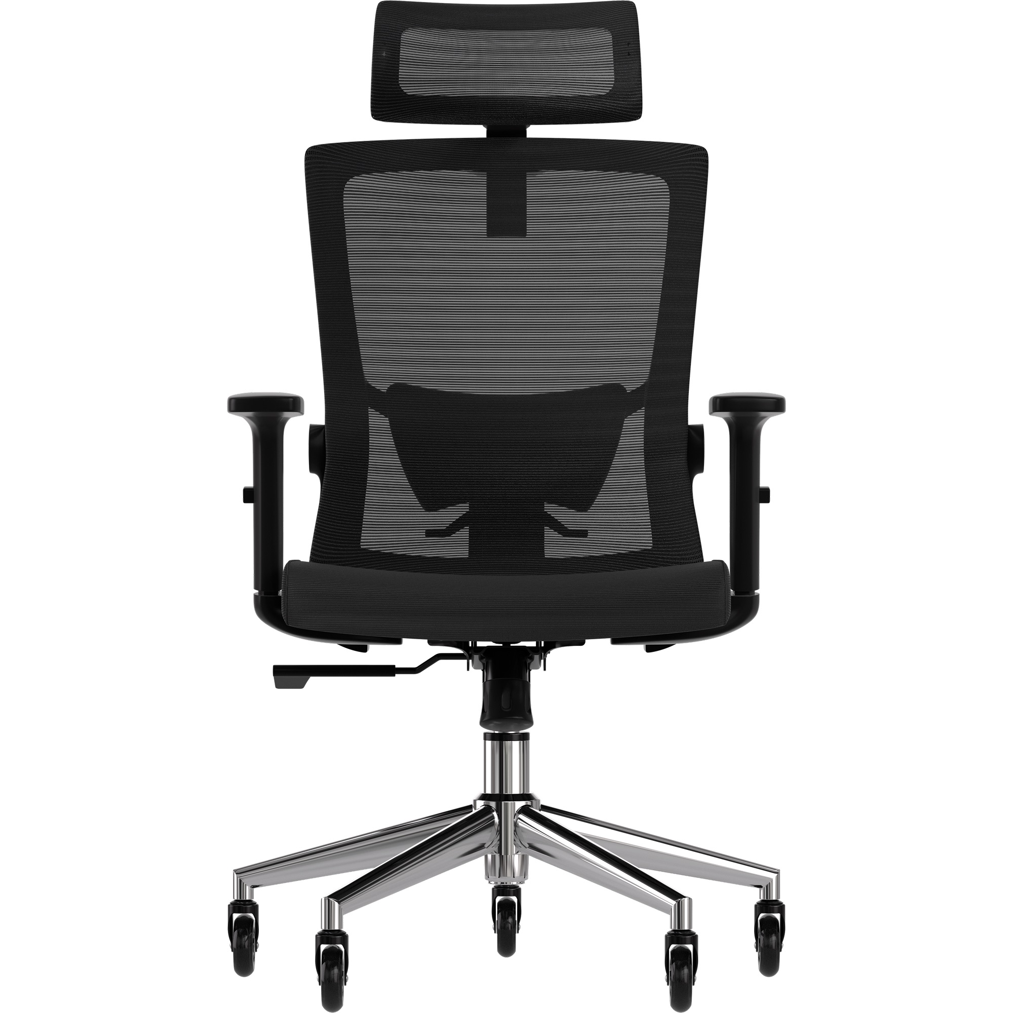 A black office chair with a mesh back and headrest on a chrome base with wheels.