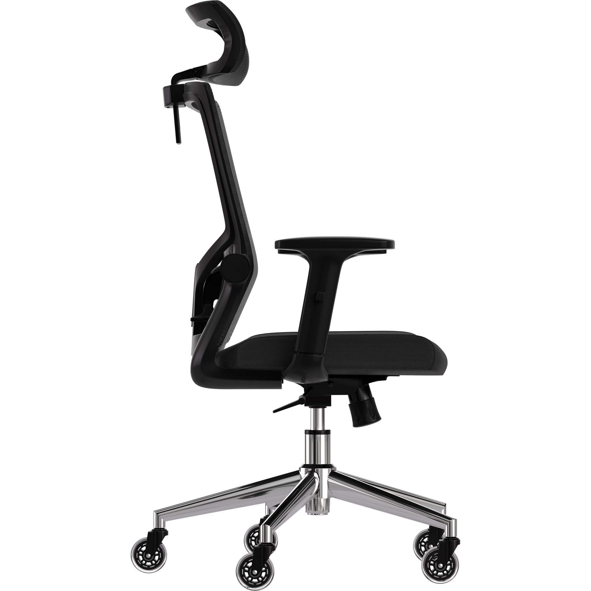 Black office chair with mesh back, adjustable arms, and a wheeled base.