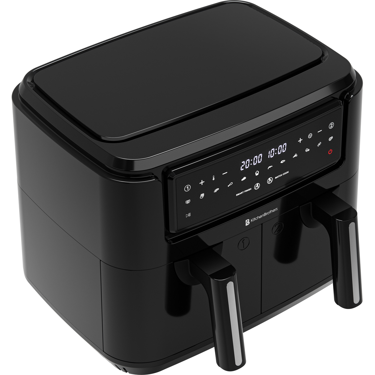 Black digital dual basket air fryer with touchscreen controls and two handles.