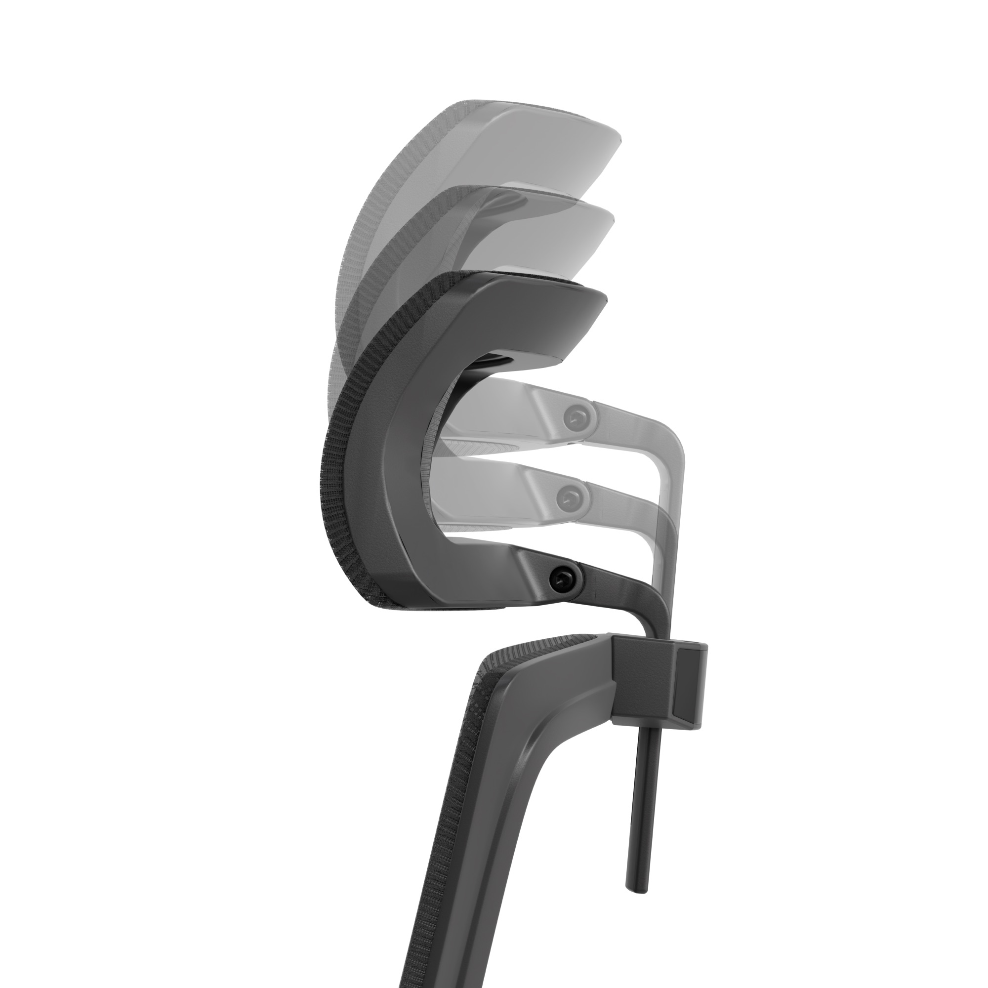 Gray office chair armrest mechanism in various positions.