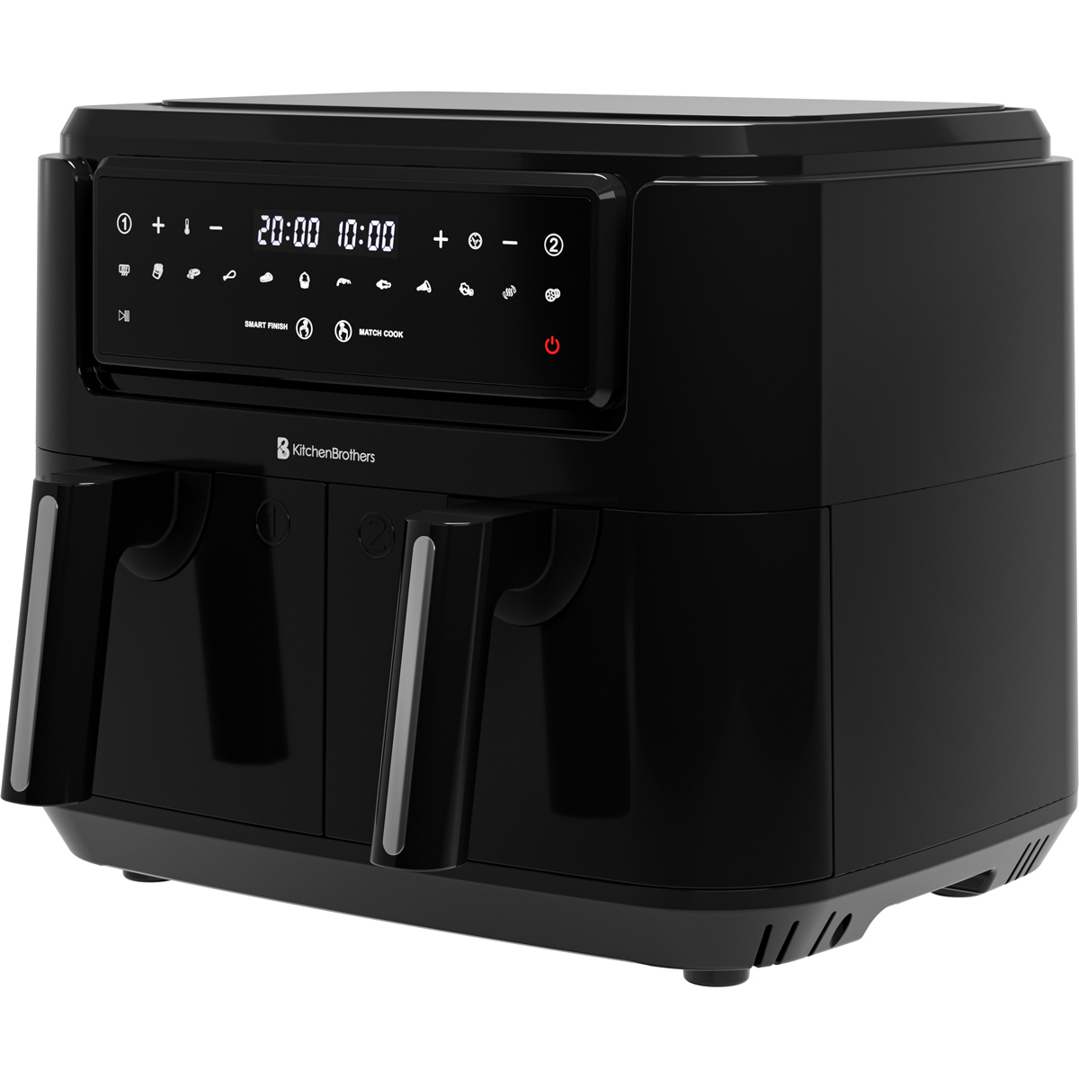 Black double air fryer with digital display and two baskets.