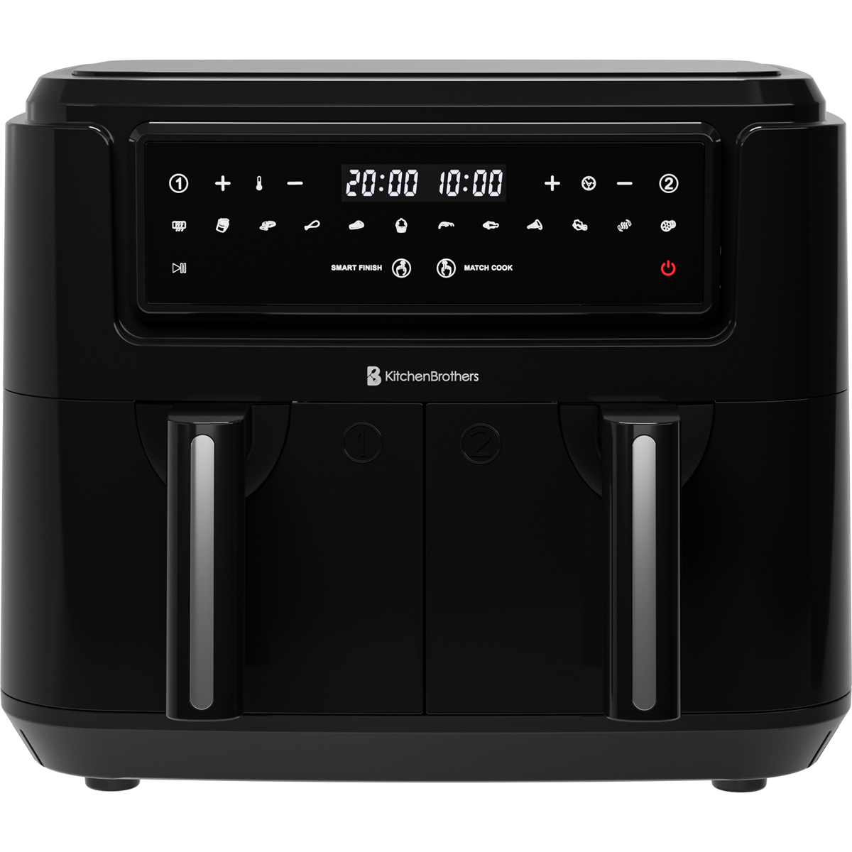 Black double-drawer air fryer with a digital display showing cooking icons.