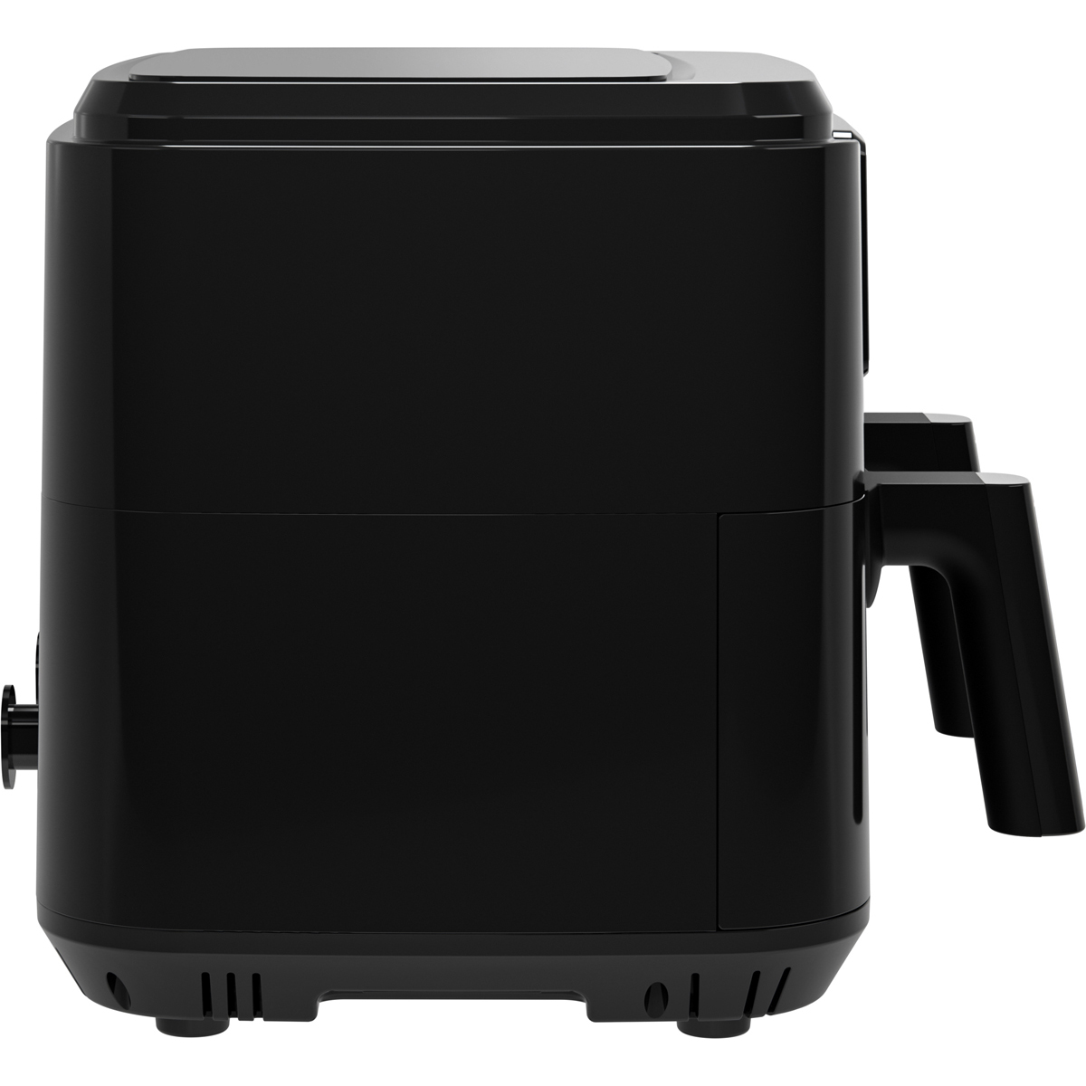 Black air fryer seen from the side, featuring handles and ventilation slots.