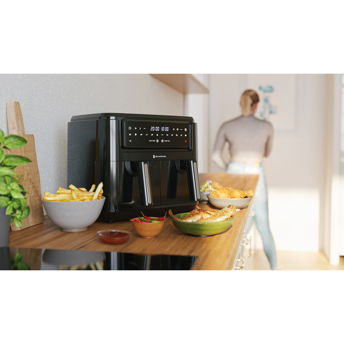 Black double-drawer air fryer with french fries, fried fish, and chicken.