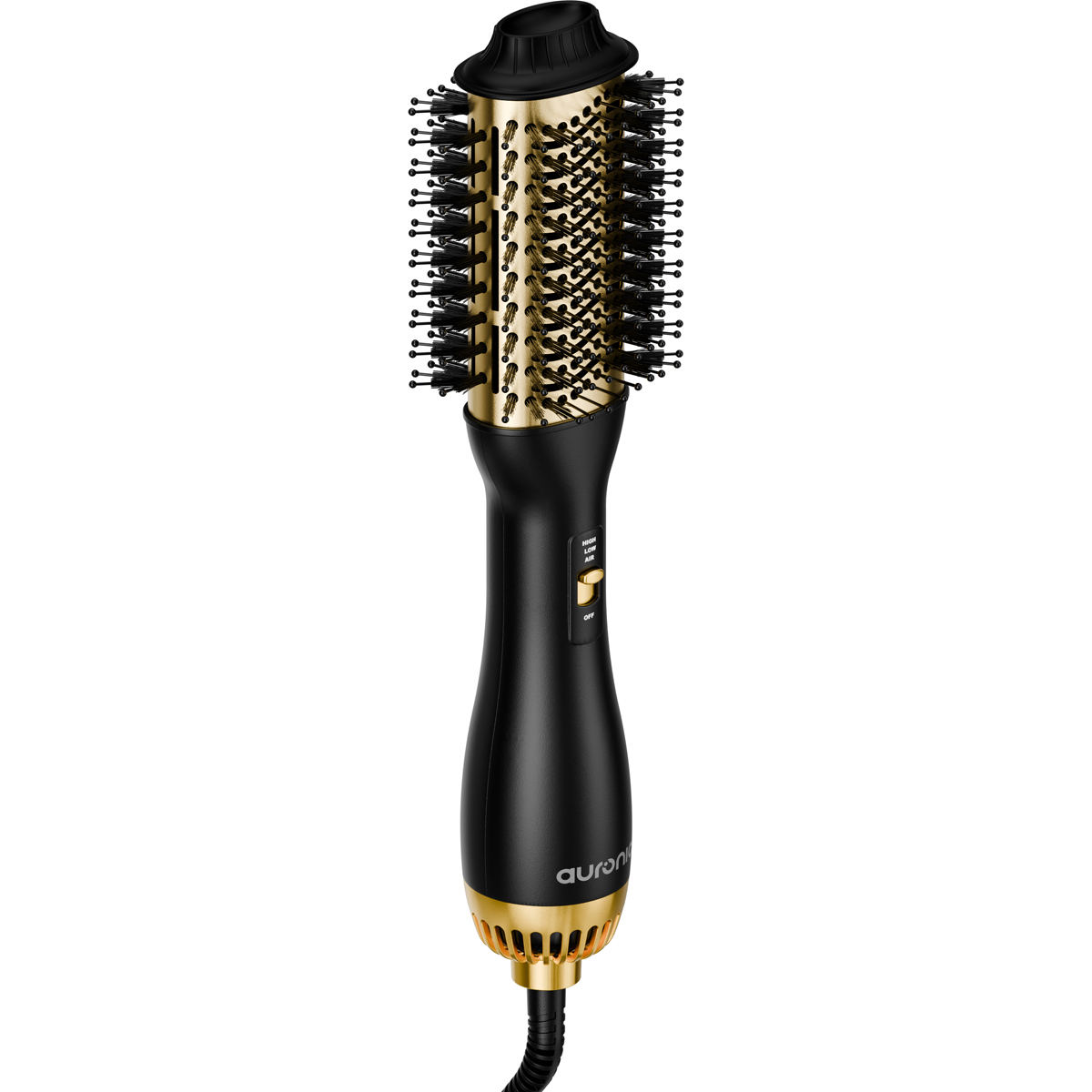Une brosse sèche-cheveux noire et dorée avec des poils et des boutons de commande.