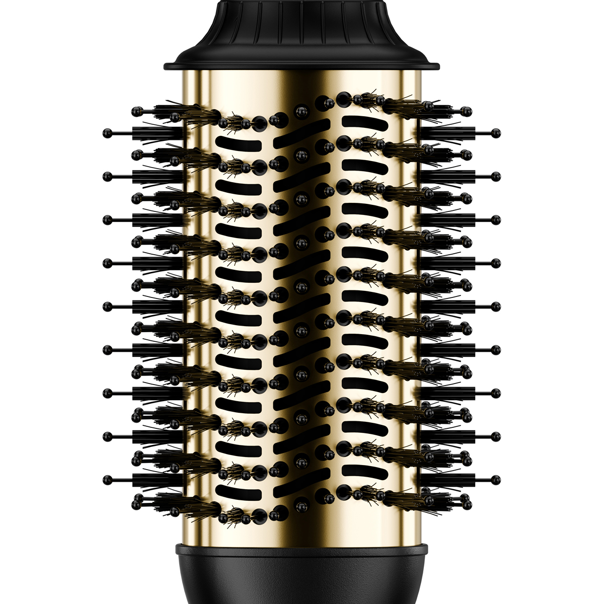 Brosse ronde dorée avec des poils noirs et un manche noir.