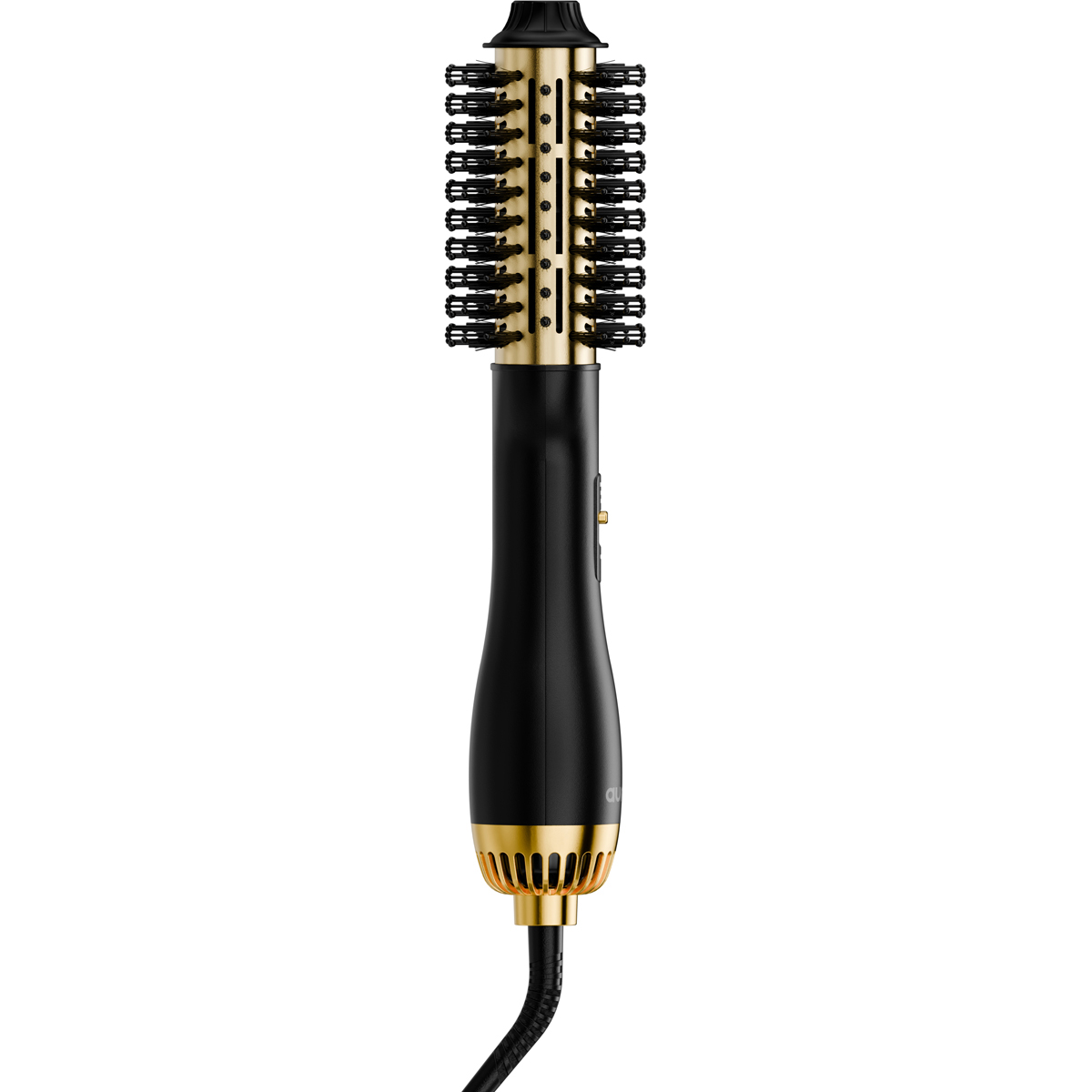 Un fer à friser noir et doré avec une tête de brosse ronde et un cordon noir.