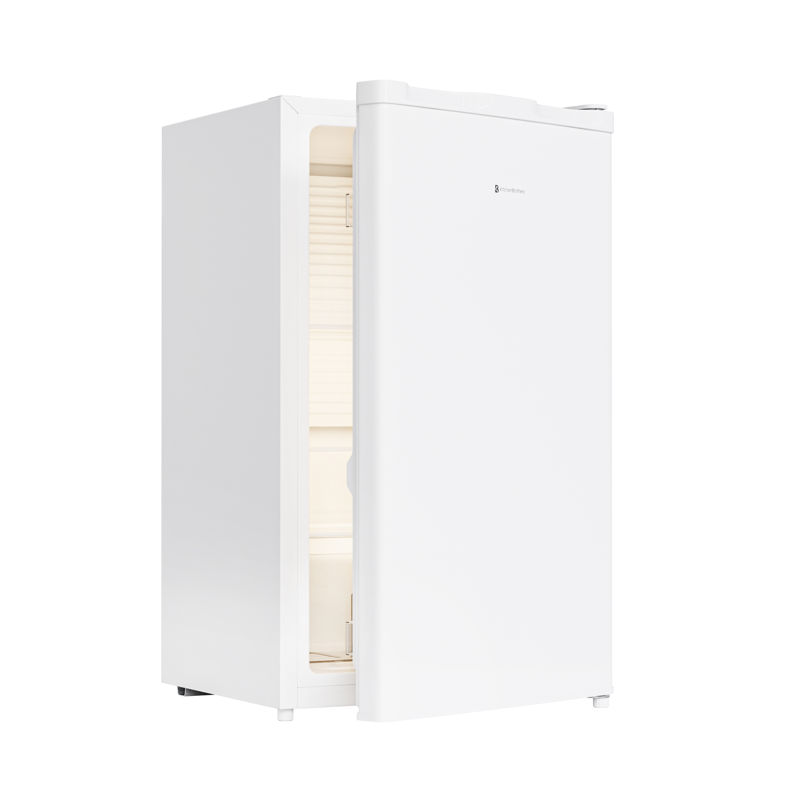 Un réfrigérateur blanc avec sa porte légèrement entrouverte, éclairé à l'intérieur.