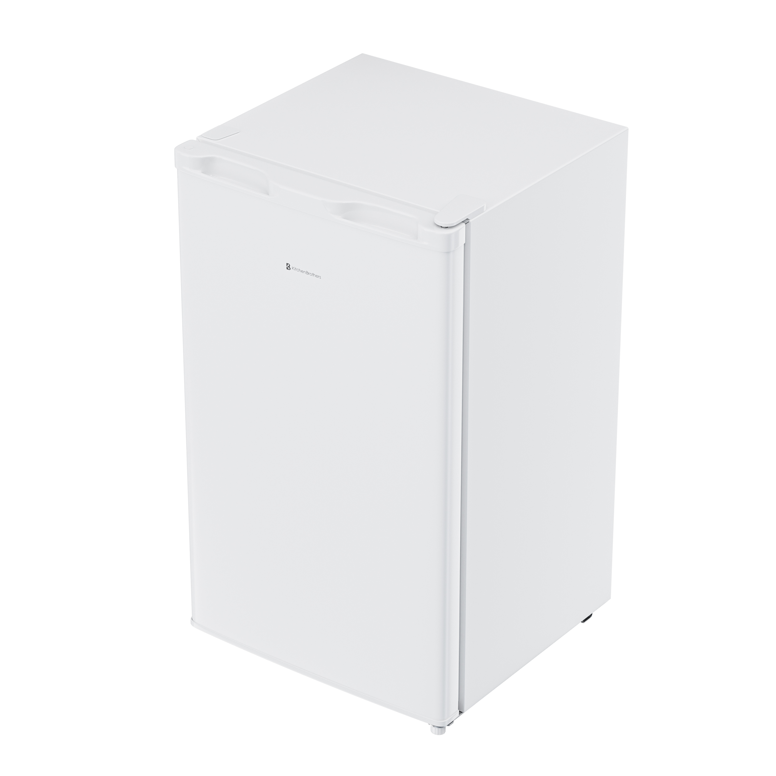 Un réfrigérateur blanc sur fond blanc avec une porte et une poignée.