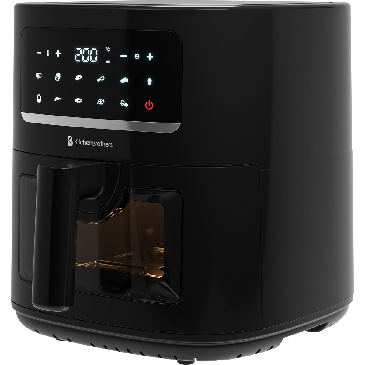 Schwarzer Heißluftfritteuse mit digitalem Display und Sichtfenster.