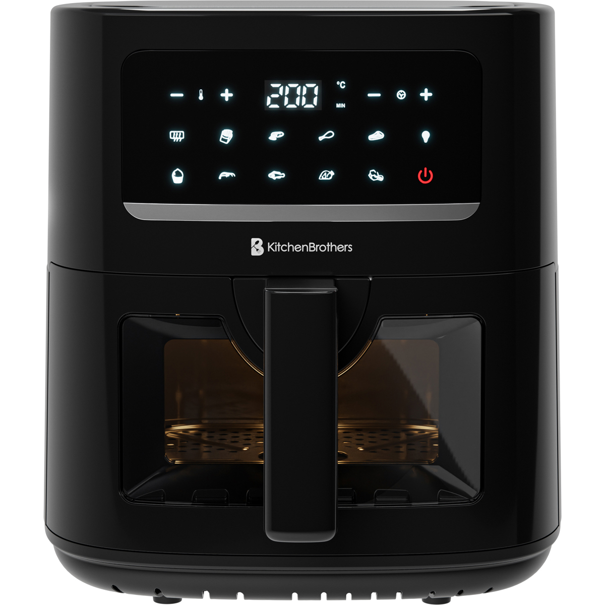 Ein schwarzer KitchenBrothers Heißluftfritteuse zeigt '200' Grad und verschiedene Lebensmittelsymbole auf seinem digitalen Bildschirm.