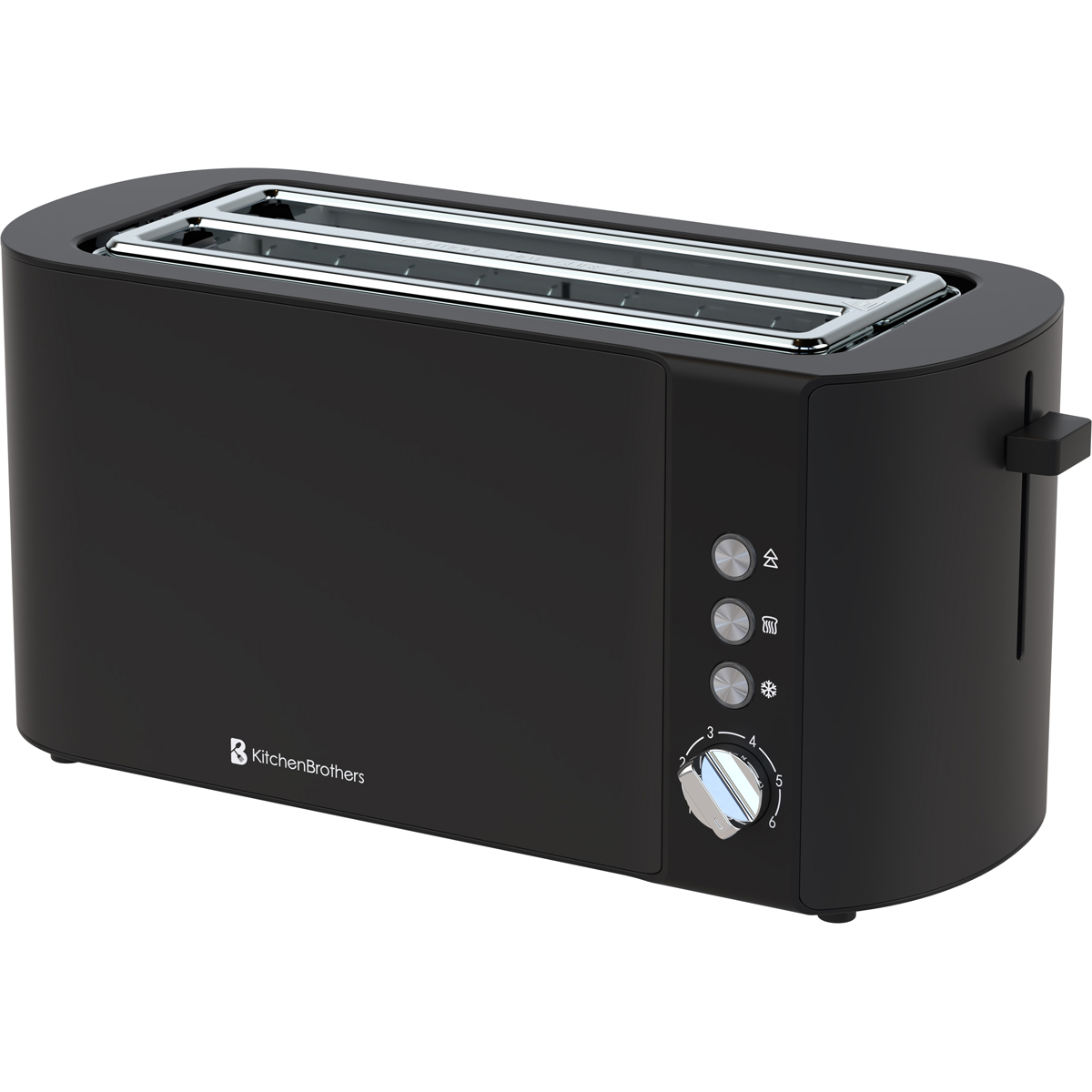 Black toaster with chrome slots and control buttons.