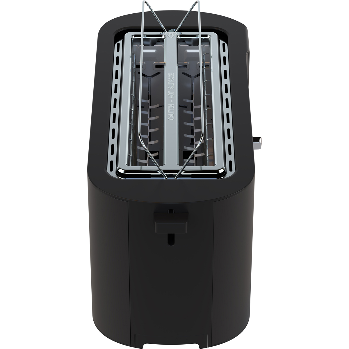 A black toaster with chrome accents sits on a white background. Top view.