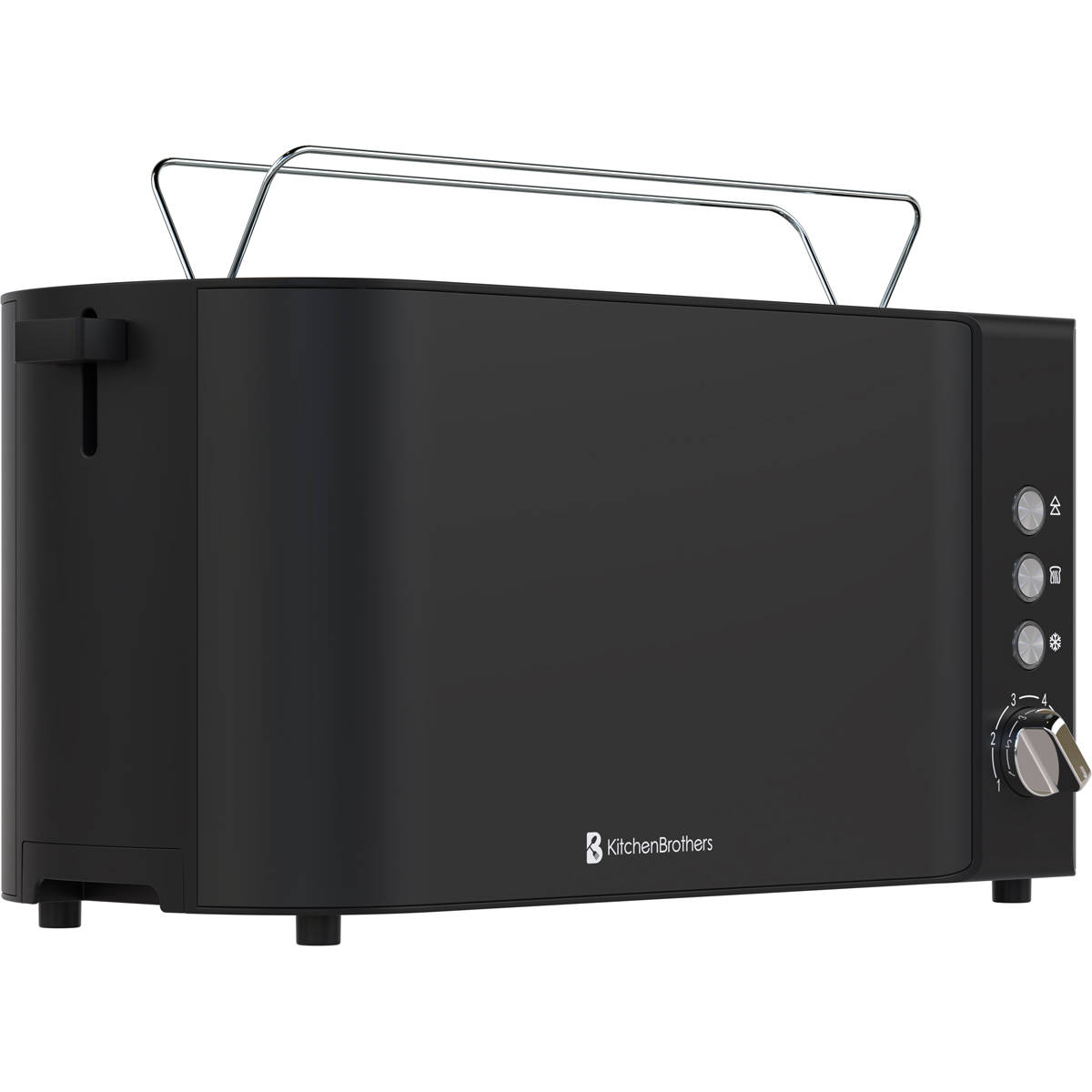 Black toaster with chrome warming rack and control buttons.