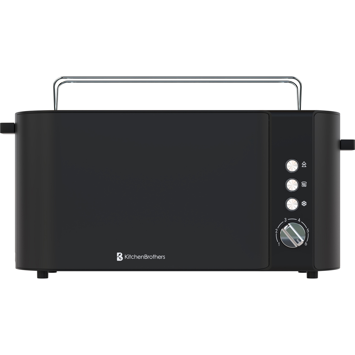 Black toaster with chrome handle and control buttons.
