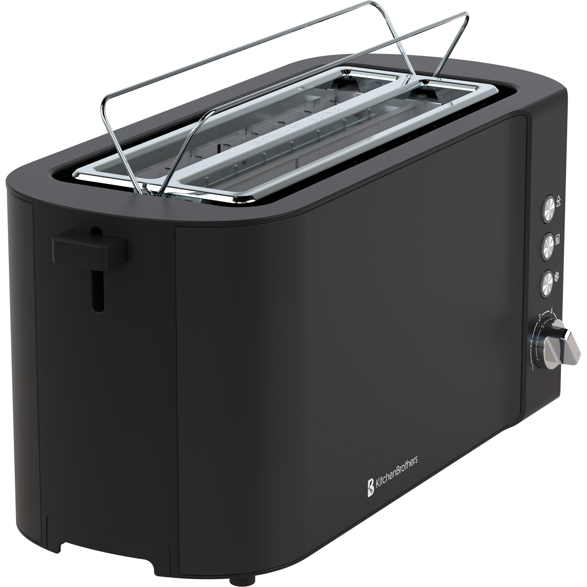 A black toaster with chrome wire racks and control buttons, on a white background.