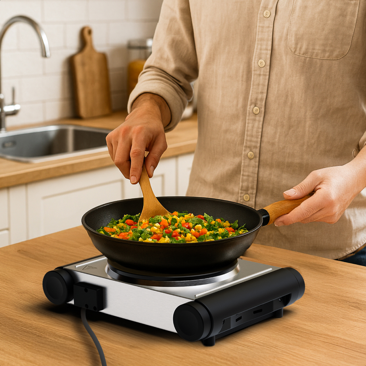 Person stirring mixed vegetables in a pan on a portable electric stove.