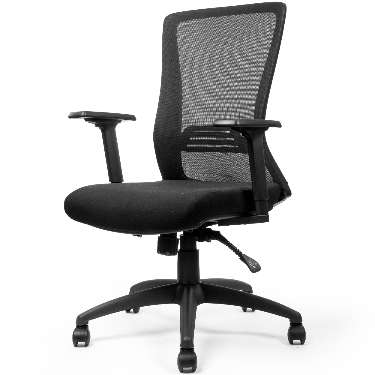 A black office chair with a mesh back and adjustable arms, isolated on a white background.