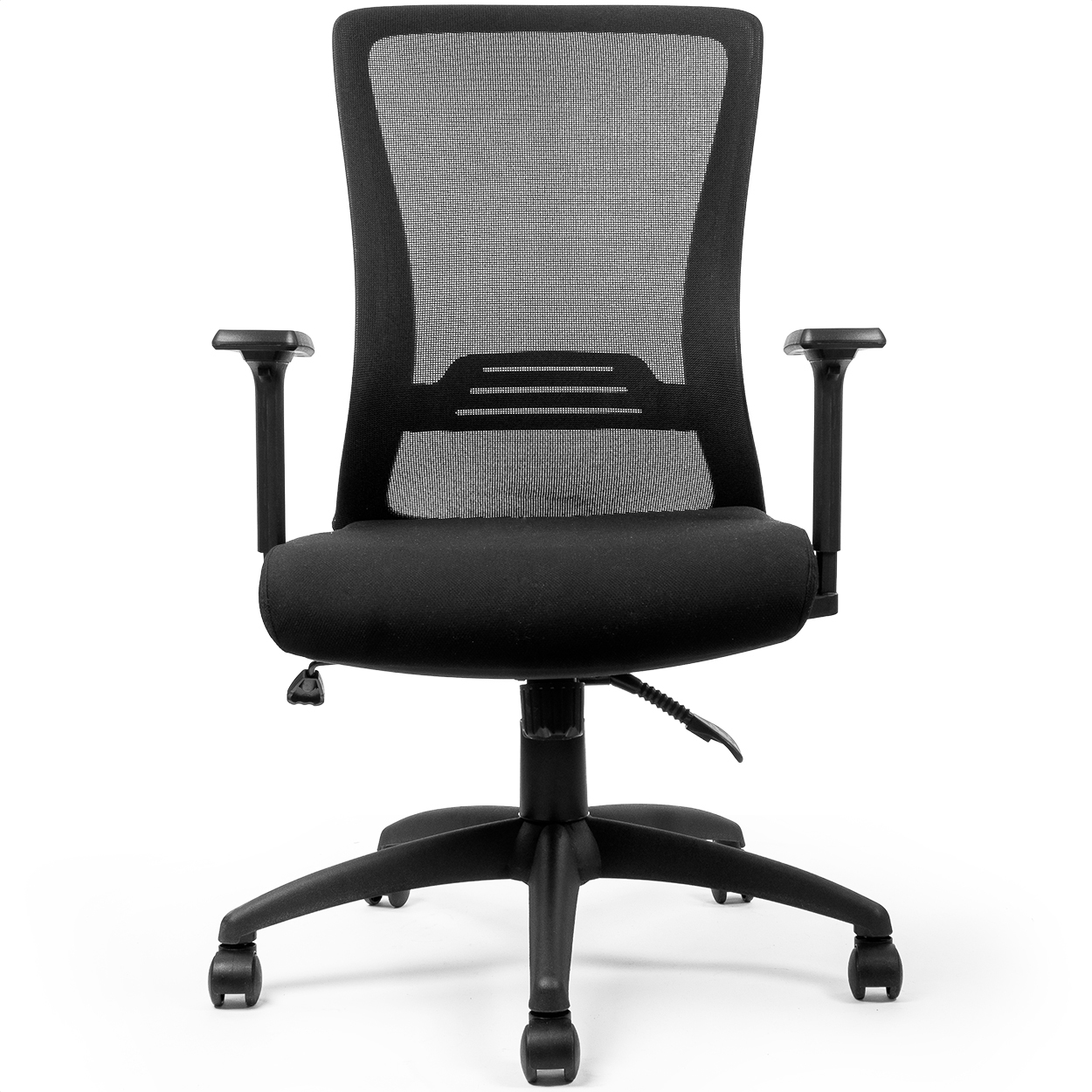 Black office chair with mesh back and adjustable arms, shown on a white background.