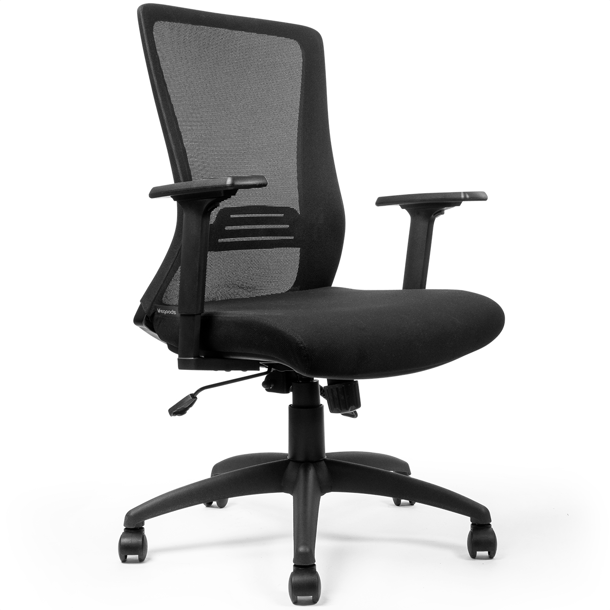 A black office chair with a mesh back, armrests, and wheels.