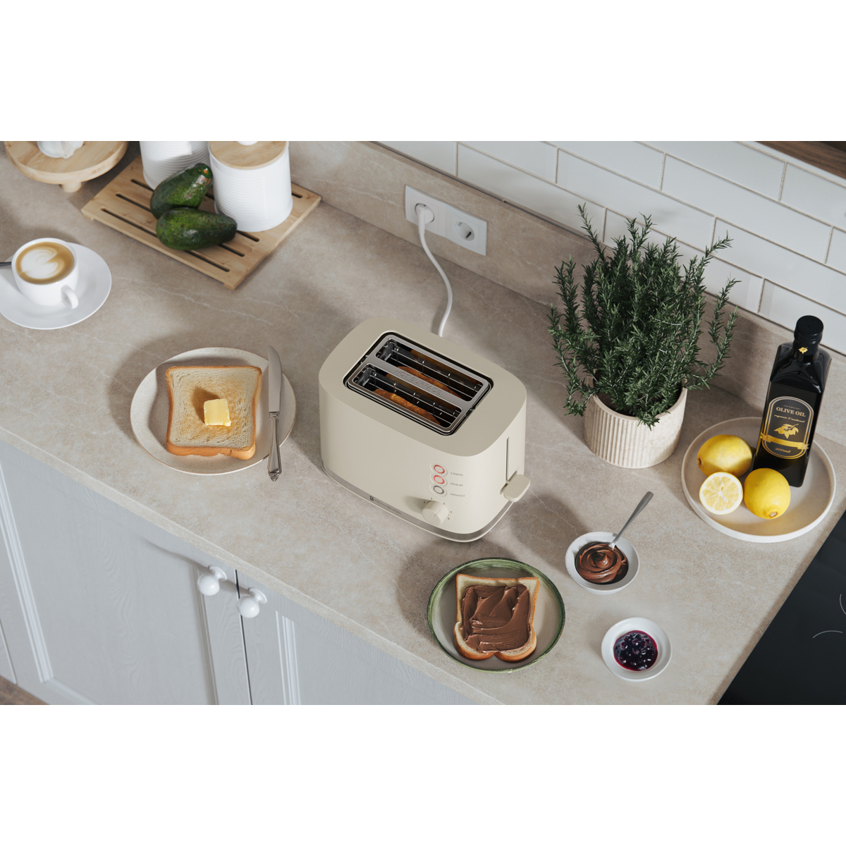 A beige toaster on a kitchen counter with toast, butter, spread, coffee, and olive oil.